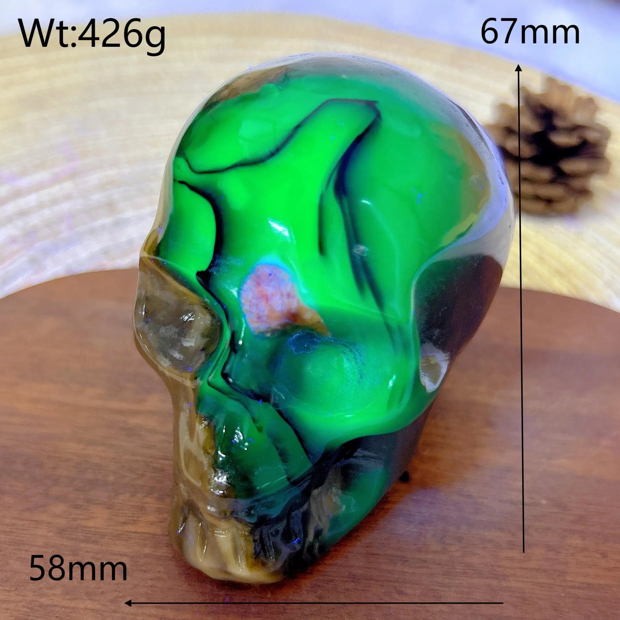 Natural Volcanic Agate Skull Carving with UV Light Effect - Green Flashy Healing Crystal for Energy, Home Decor & Spiritual Gifts | Perfect for Meditation, Feng Shui & Unique Gift Giving