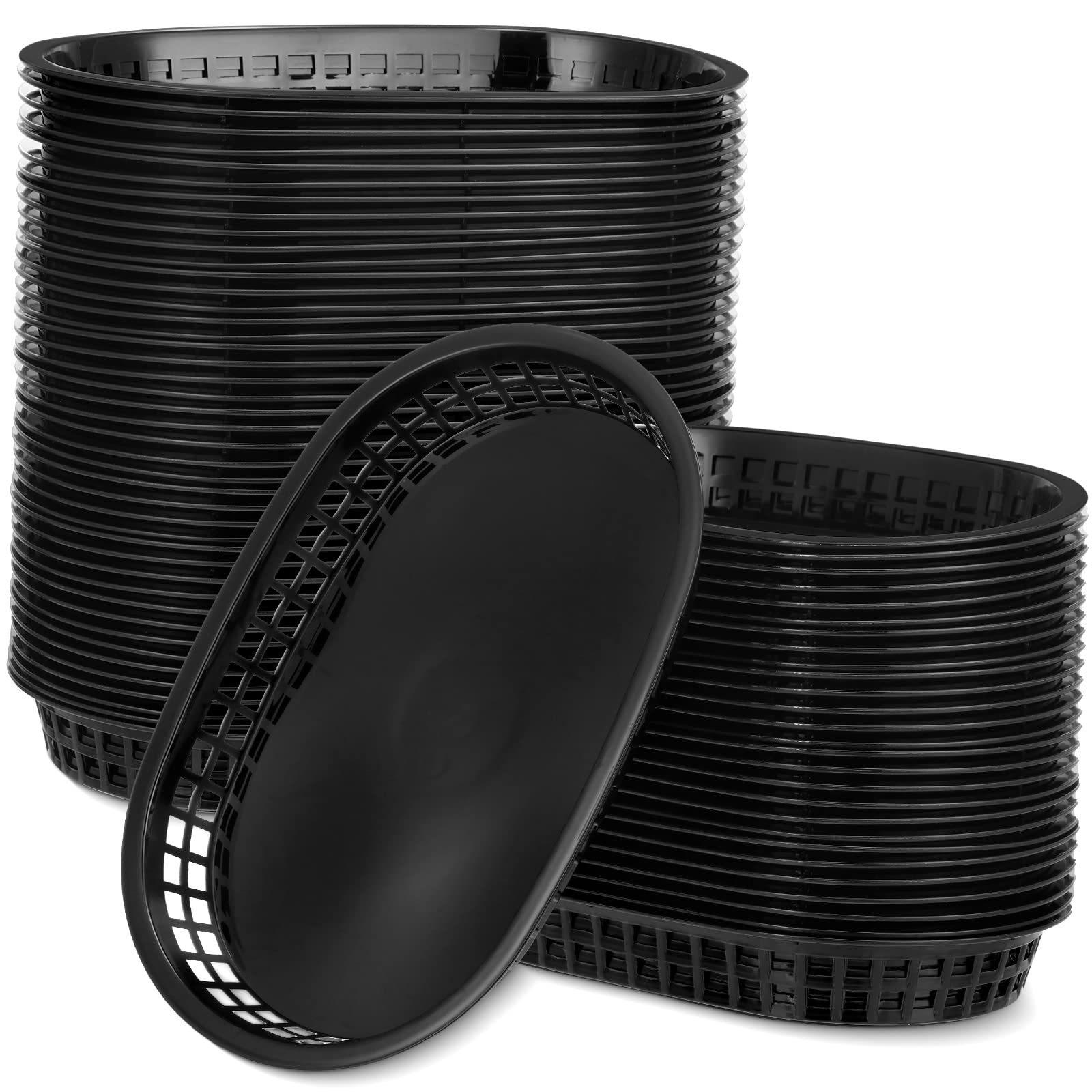 100 Pcs 10.5 x 7 Inch Black Plastic Fast Food Baskets - Restaurant Serving Trays for Deli, Chicken, Burgers, Picnics & Parties - Perfect for Commercial Kitchens, Food Trucks, Cafes and Outdoor Events