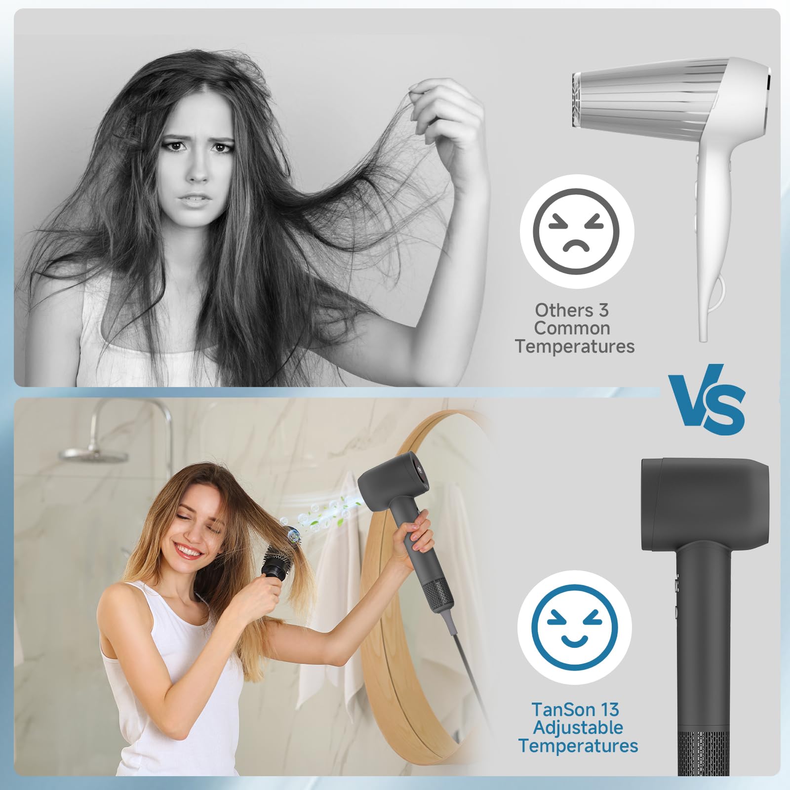 TanSon 1600W Professional Ionic Hair Dryer with Diffuser - Fast Drying, Thermo-Control Technology, Low Noise, Compact & Lightweight for Salon, Home & Travel Use (Grey) - Perfect for Styling, Volume & Healthy Hair Care