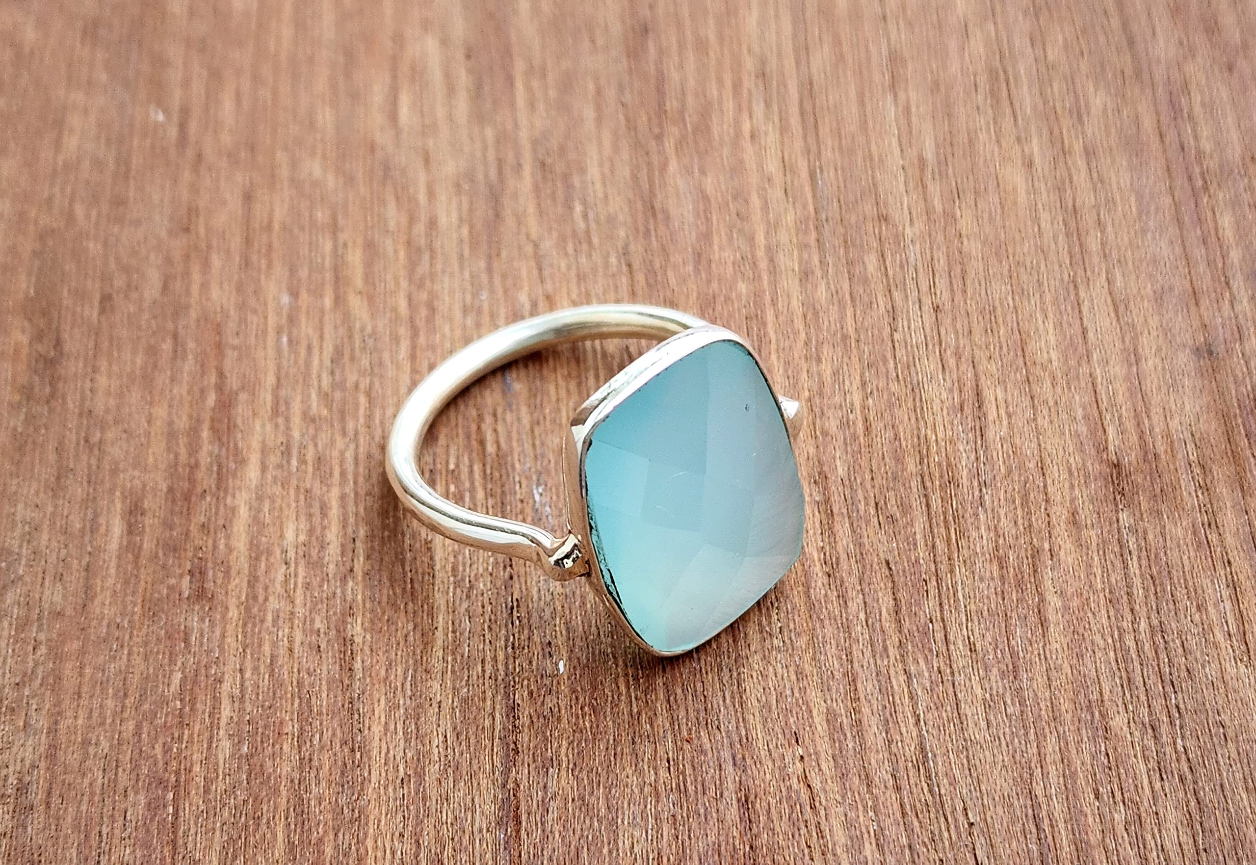 925 Sterling Silver Aqua Chalcedony Statement Ring for Women - Boho Chic Rectangle Gemstone Jewelry - Perfect Summer Gift & Everyday Wear - All US Sizes Available