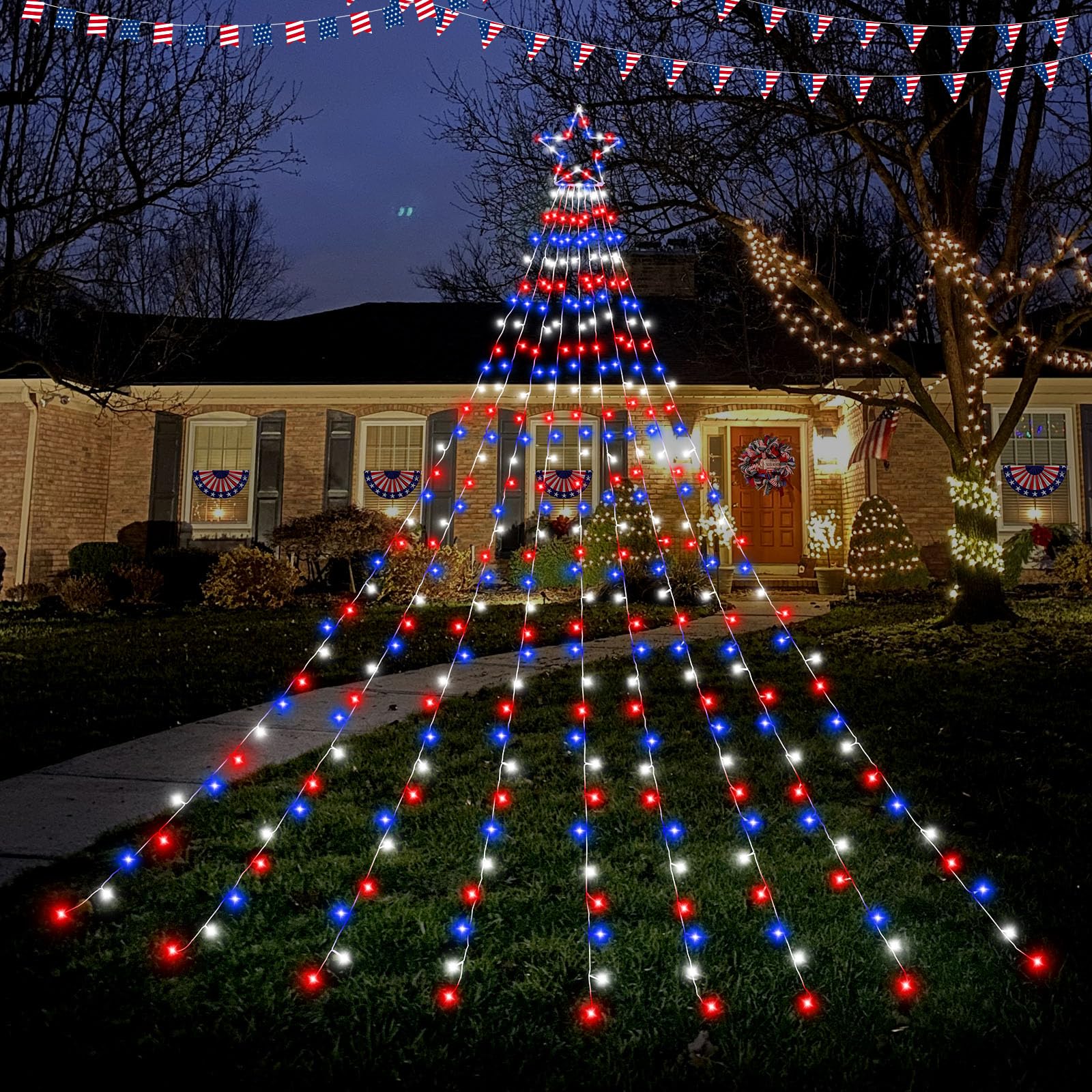 4th of July Patriotic String Lights - 320 LED Red White Blue Outdoor Waterproof Fairy Lights with 13