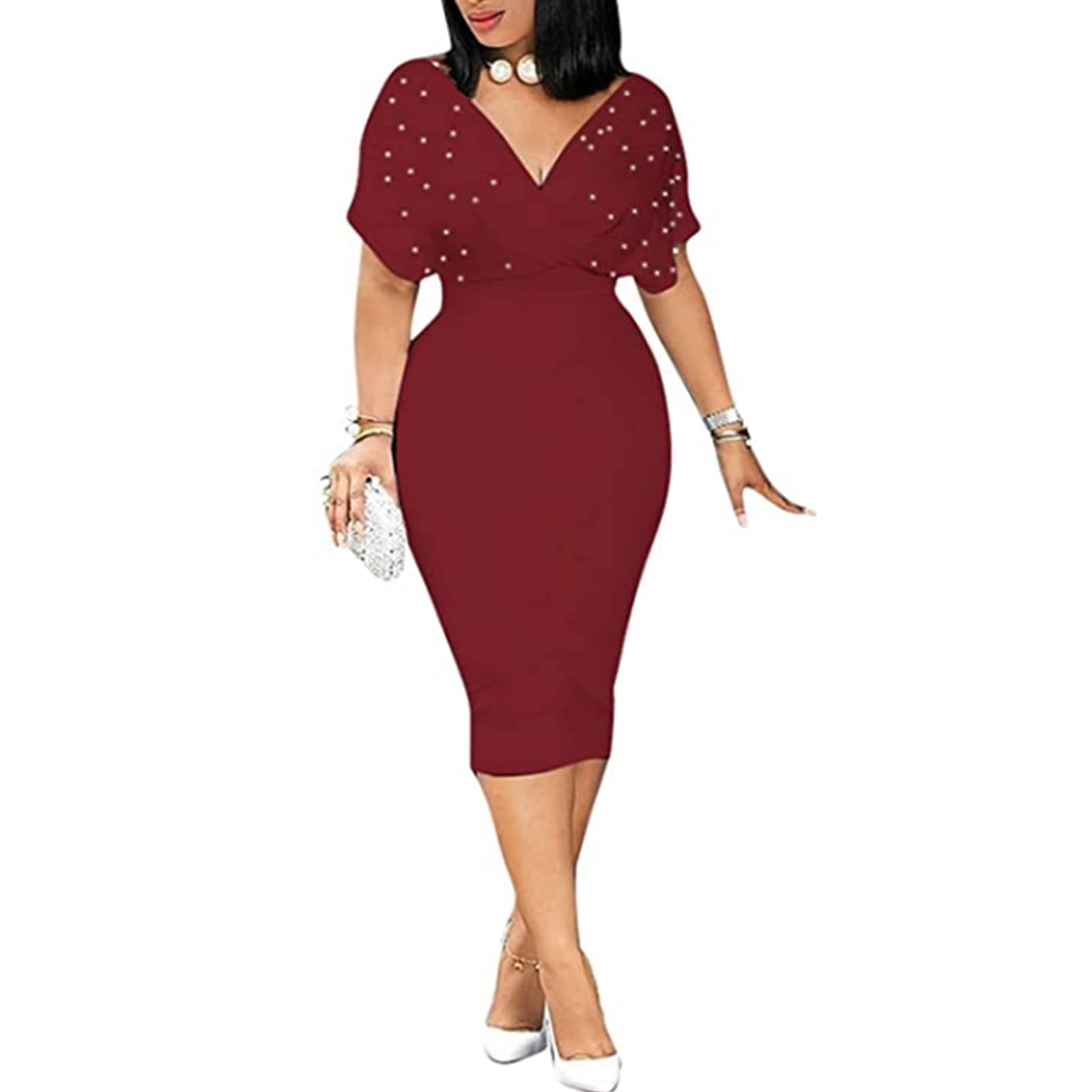 Worldealshop Women's Sexy Wrap Dress - Summer Casual Bodycon Party Cocktail Dress with Pearls | Perfect for Date Night, Wedding Guest & Office Wear