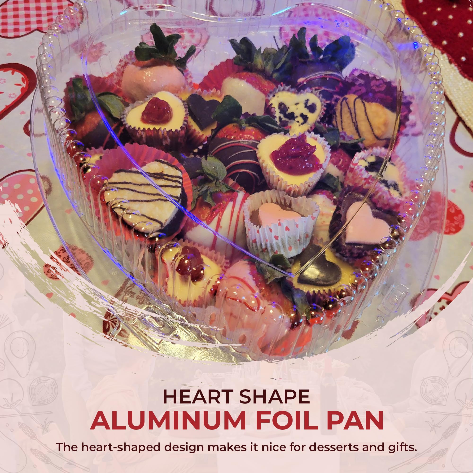 KitchenDance 8 Inch Disposable Heart Shaped Aluminum Cake Pans with Clamshell Lid - Perfect for Baking Cakes, Chocolates & Desserts - Valentine's Day, Birthday Party & Wedding Treats - Ideal for Storage & Transport (Pack of 12)