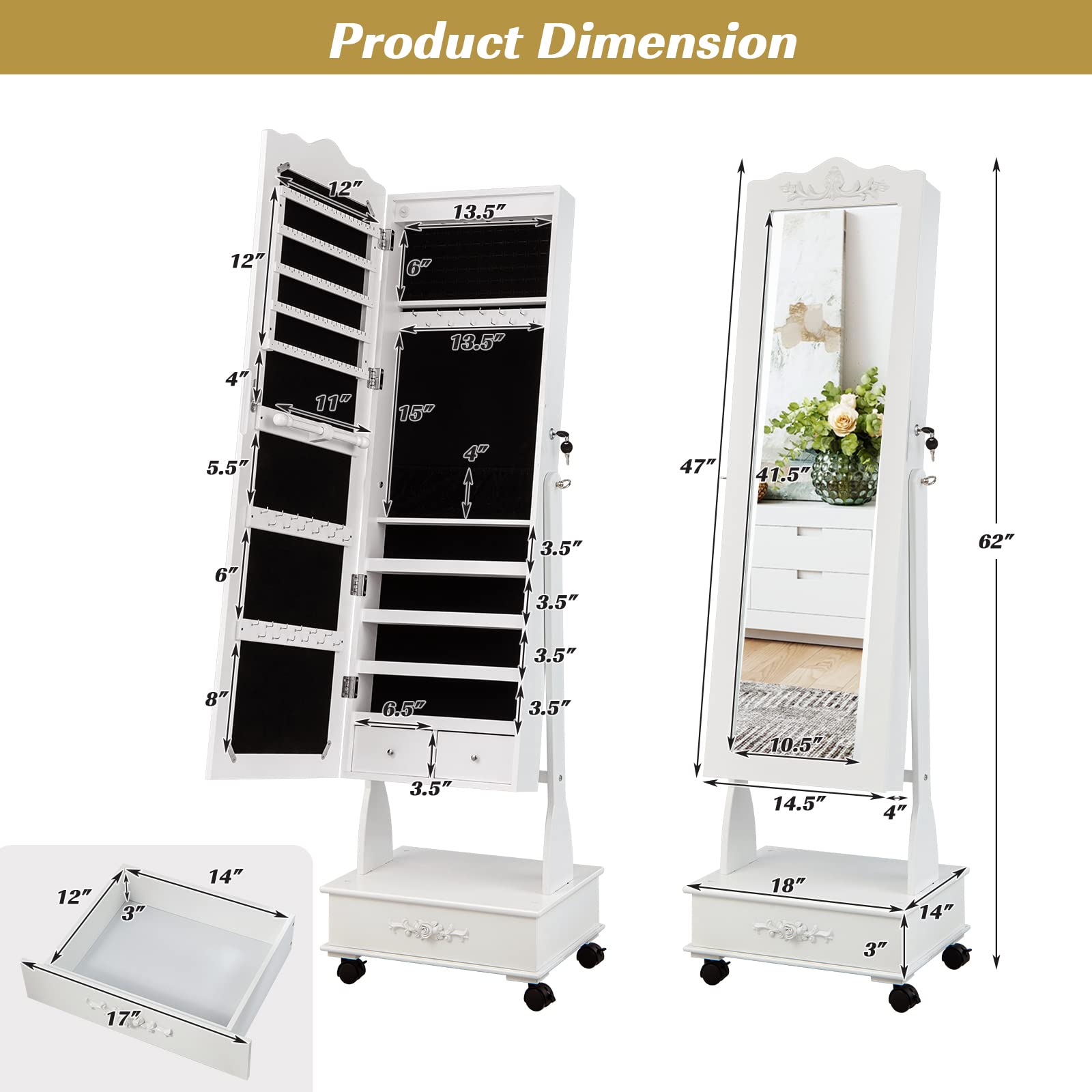 CHARMAID Rolling Jewelry Armoire with Full-Length Mirror - Lockable Standing Jewelry Cabinet with LED Lights & Wheels - 10-Drawer Jewelry Organizer with Storage - White - Perfect for Bedroom, Closet & Dressing Room Organization