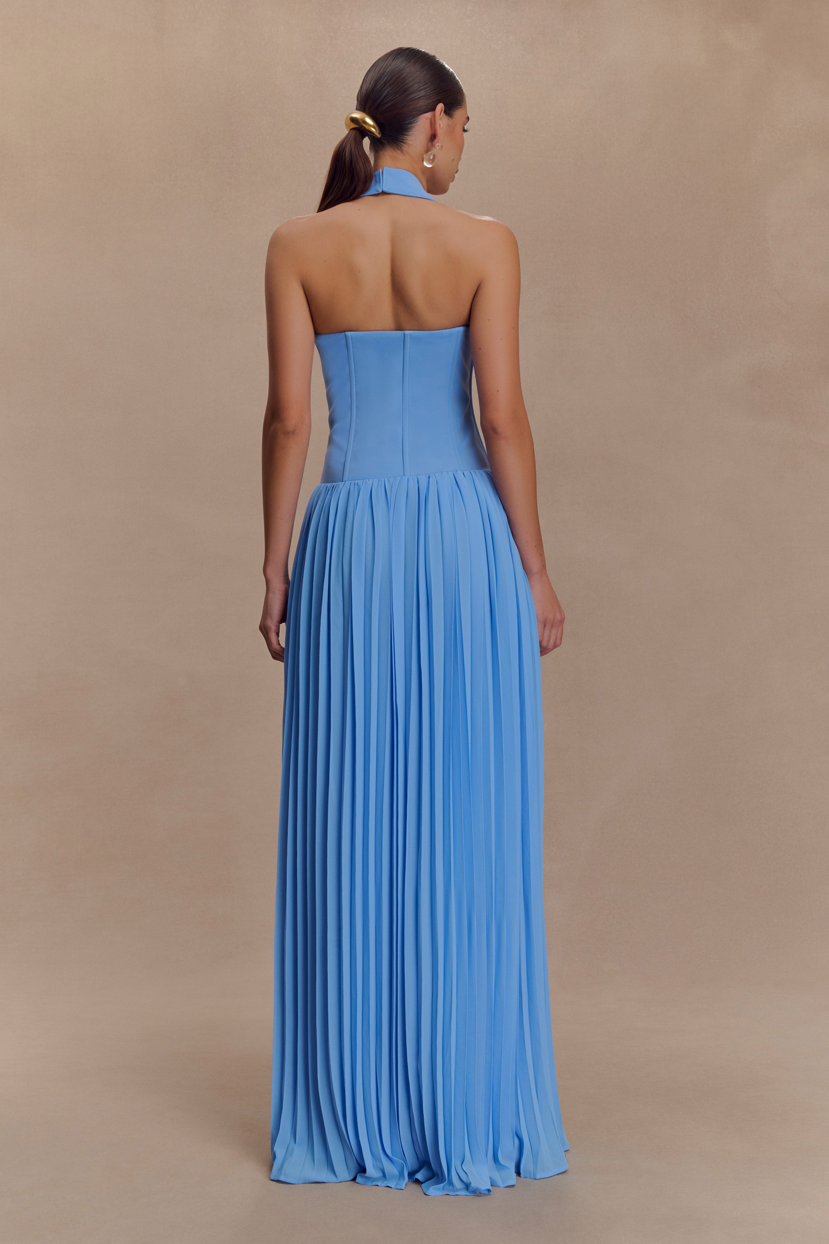 Stacie Pleated Halter Maxi Dress for Women - Bright Blue Summer Beach Dress, Elegant Party Gown & Vacation Outfit