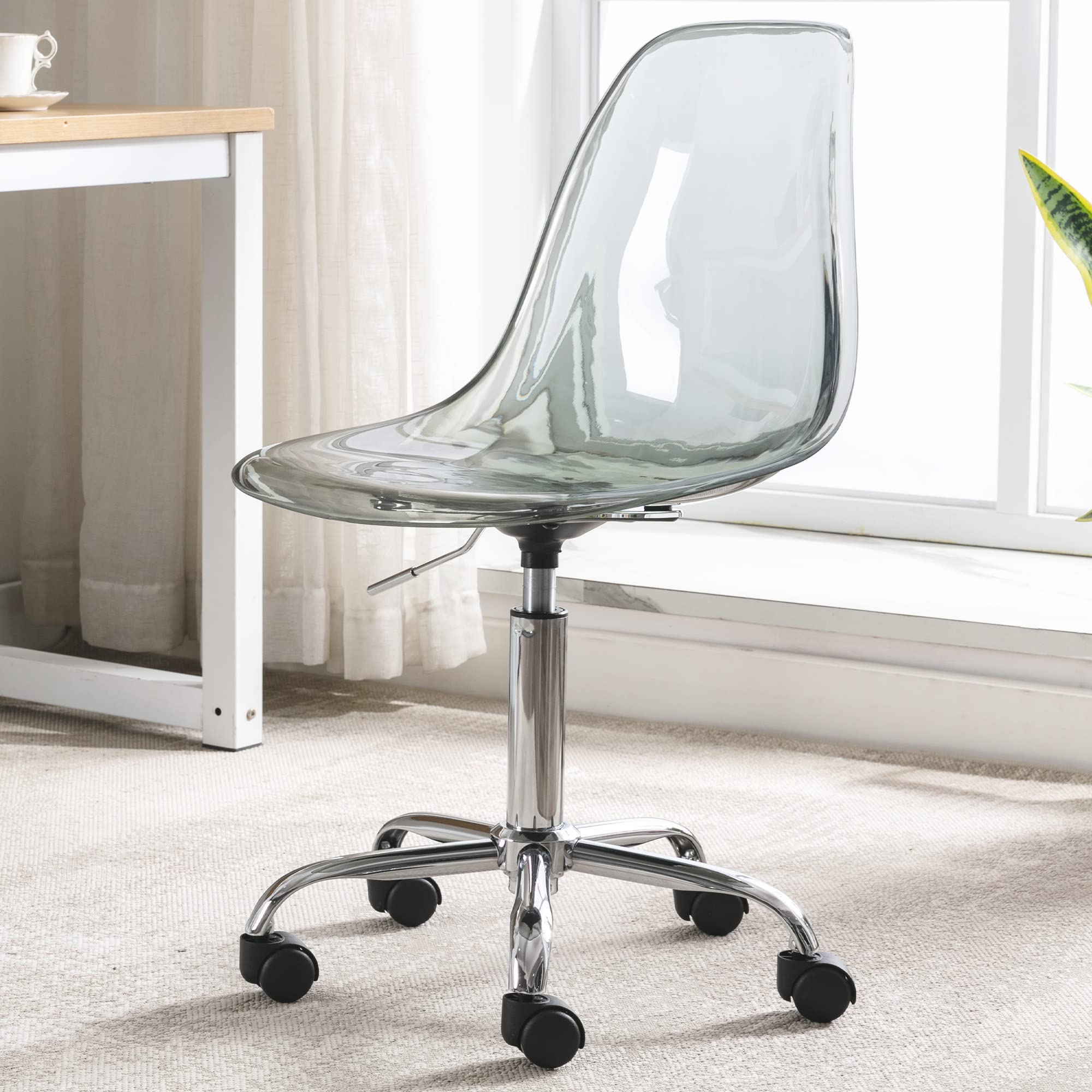 Modern Acrylic Clear Desk Chair - Adjustable Height Rolling Office Chair, Small Armless Plastic Vanity Chair for Home Office, Dorm, Study & Workspace - Black Lucite Ghost Chair with Wheels