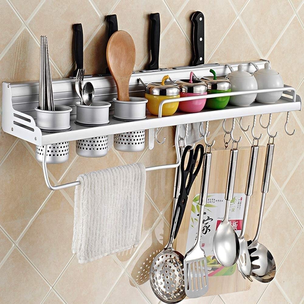 Multifunctional Wall Mounted Kitchen Storage Shelf - Pot Pan Rack with Bottle Holder & Silverware Hooks - 80 cm Space Saving Organizer for Pots, Utensils, Spices & Books - Perfect for Small Kitchens, Pantries & Home Organization