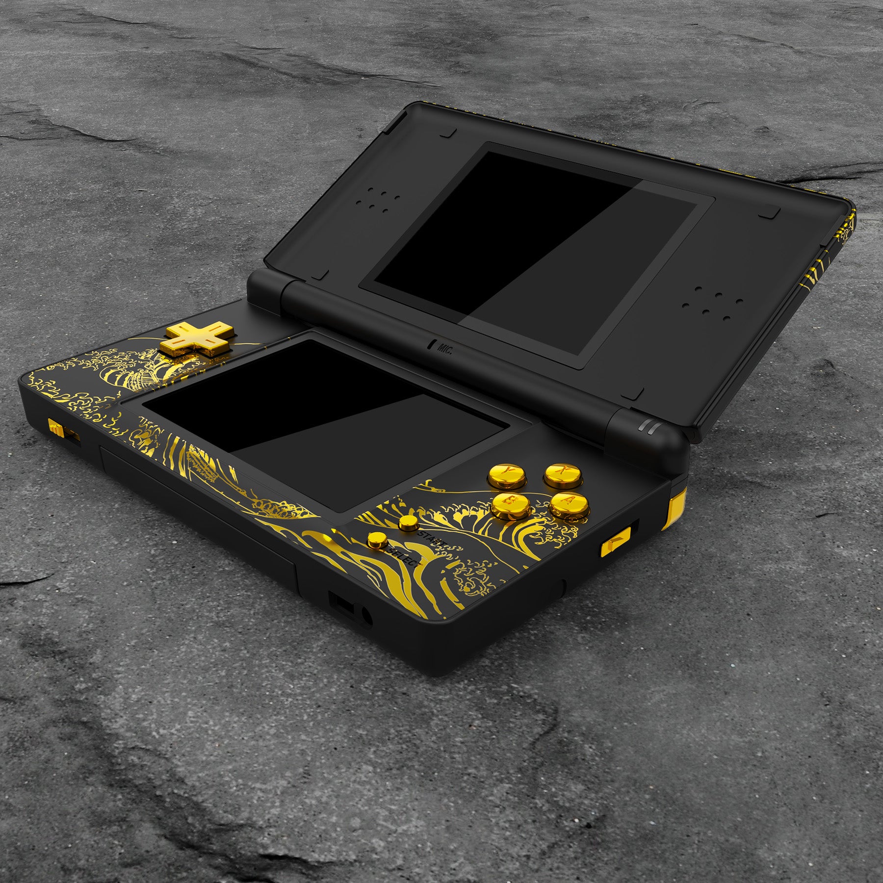 eXtremeRate Golden Wave Off Kanagawa Black Replacement Shell for Nintendo DS Lite - Full Housing Case Cover with Buttons & Screen Lens (Console Not Included) - Perfect for Custom Handheld Console Modding & Gaming Enthusiasts