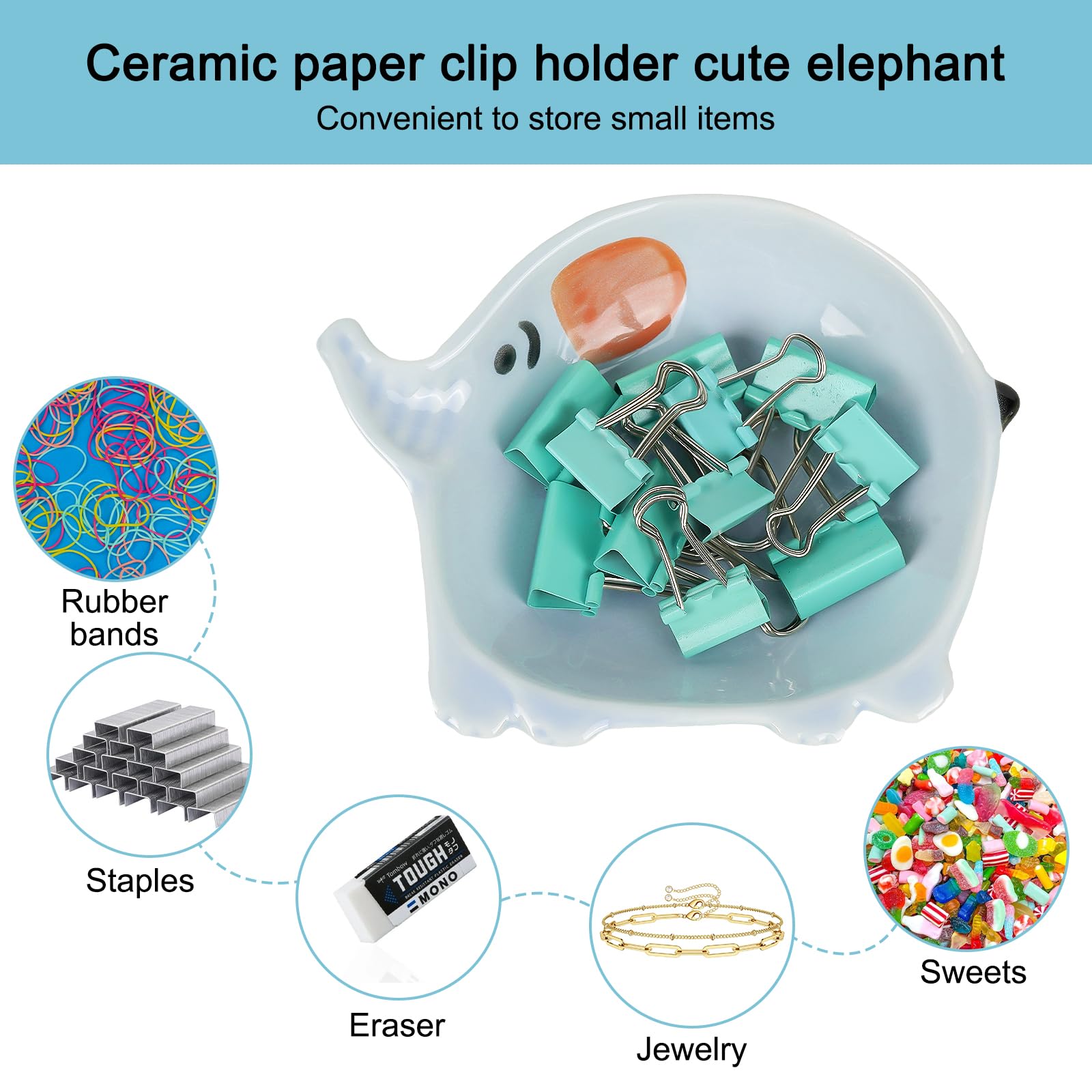 Ceramic Elephant Paper Clip Holder - Cute Blue Desktop Organizer for Office Supplies, Binder Clips & Paperclips | Perfect for Desk Organization & School Stationery Accessories