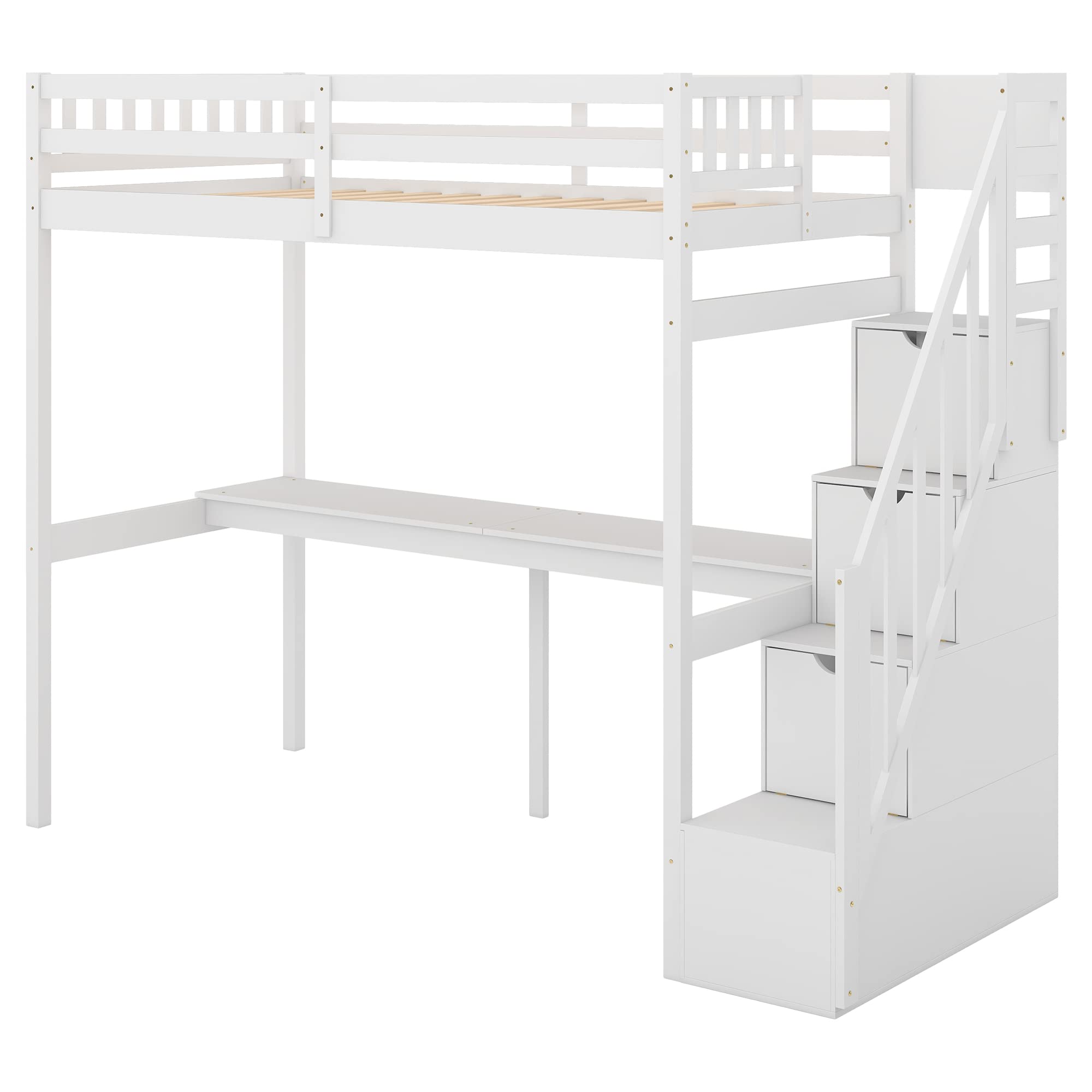 Twin Loft Bed with Desk and Storage - Sturdy Wood Loft Bed Frame with Staircase for Kids, Boys, Girls & Teens - White - Perfect for Small Bedrooms, Dorm Rooms & Kids' Spaces
