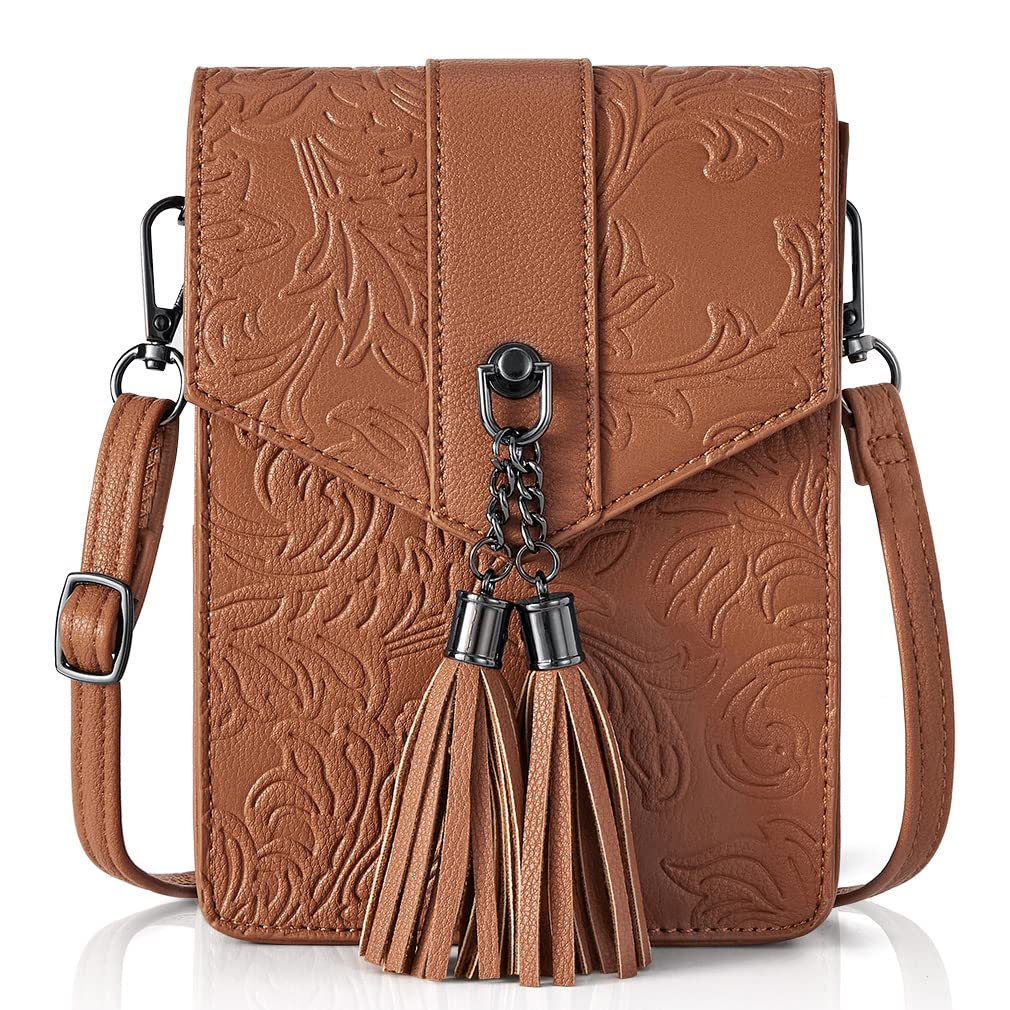 MEITRUE Women's Small Crossbody Phone Purse - Mini Cell Phone Wallet Bag with Tassels & Embossed Design for Girls & Ladies | Perfect for Shopping, Travel & Everyday Use