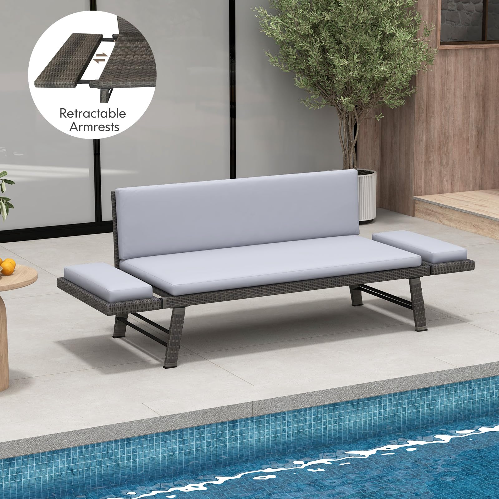 Tangkula Outdoor Convertible Sofa Daybed with Adjustable Armrests - PE Rattan Patio Couch with Thick Cushions - Gray - Perfect for Porch, Balcony, Backyard & Poolside Relaxation