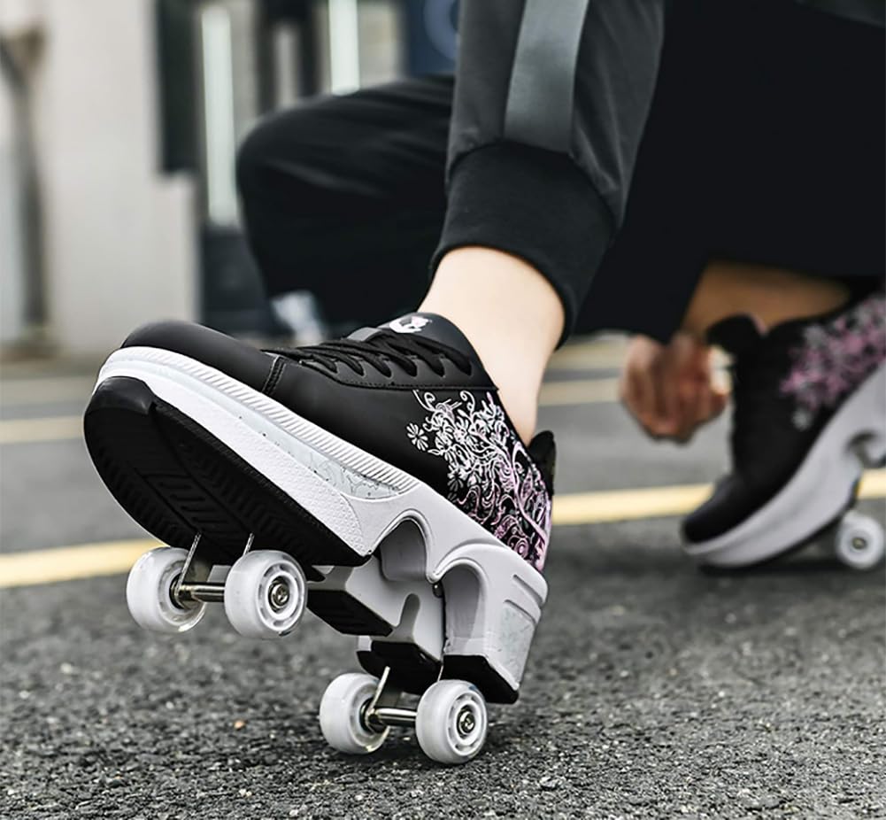 Women's Double-Row Quad Roller Skates - Detachable Wheel Skating Shoes for Girls & Boys | Unisex Roller Skate Shoes for Outdoor Fun, Fitness & Street Skating