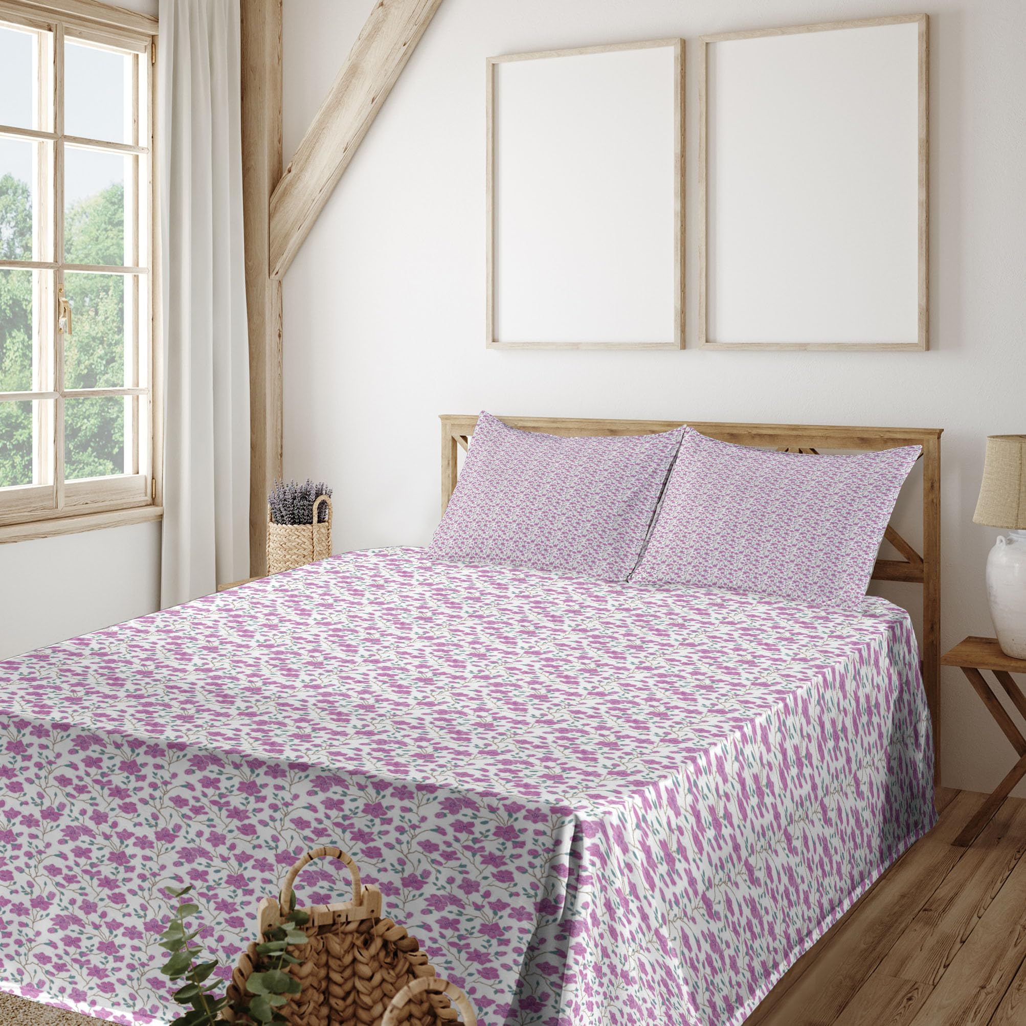 Ambesonne Floral Sheet Set - King Size 4-Piece Bedding with Blooming Pink Magnolia Flowers on Twigs | Fitted Sheet, Flat Sheet & 2 Pillowcases | Almond Green & Fuchsia | Perfect for Master Bedroom, Guest Room & Bohemian Decor