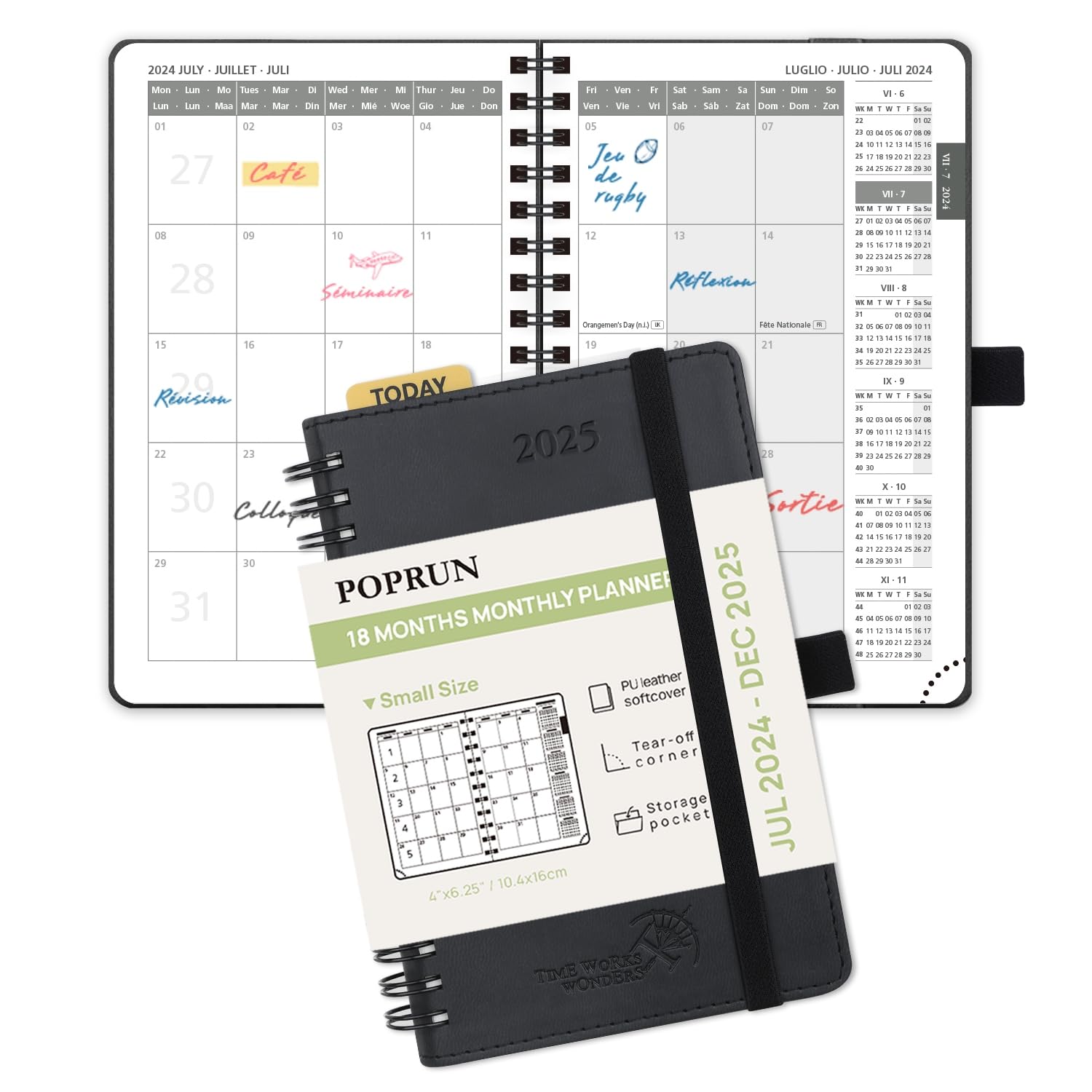 POPRUN 2025 Spiral Pocket Monthly Planner - July 2024 to December 2025 | 6.3