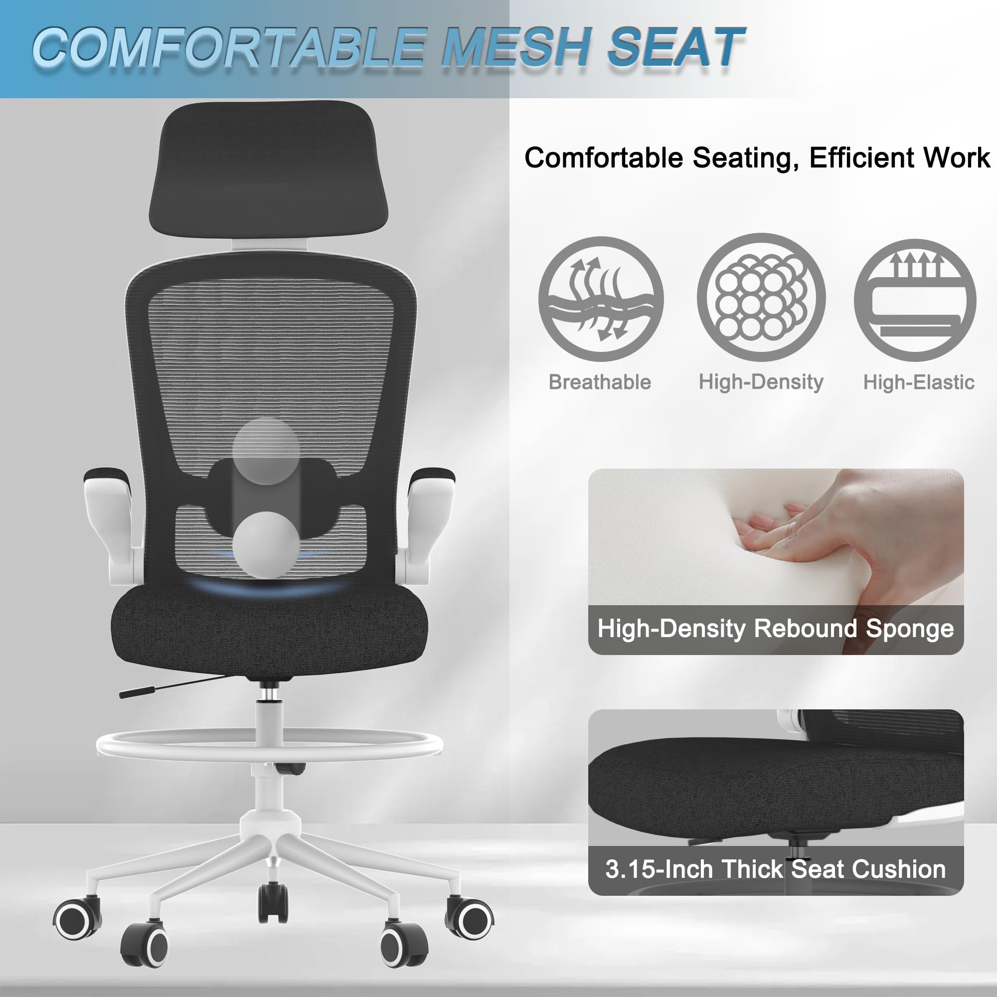 Mimoglad Adjustable Drafting Chair with Lumbar Support - Ergonomic Mesh Office Chair for Standing Desk, Drawing & Computer Work - Perfect for Architects, Designers & Home Office Use