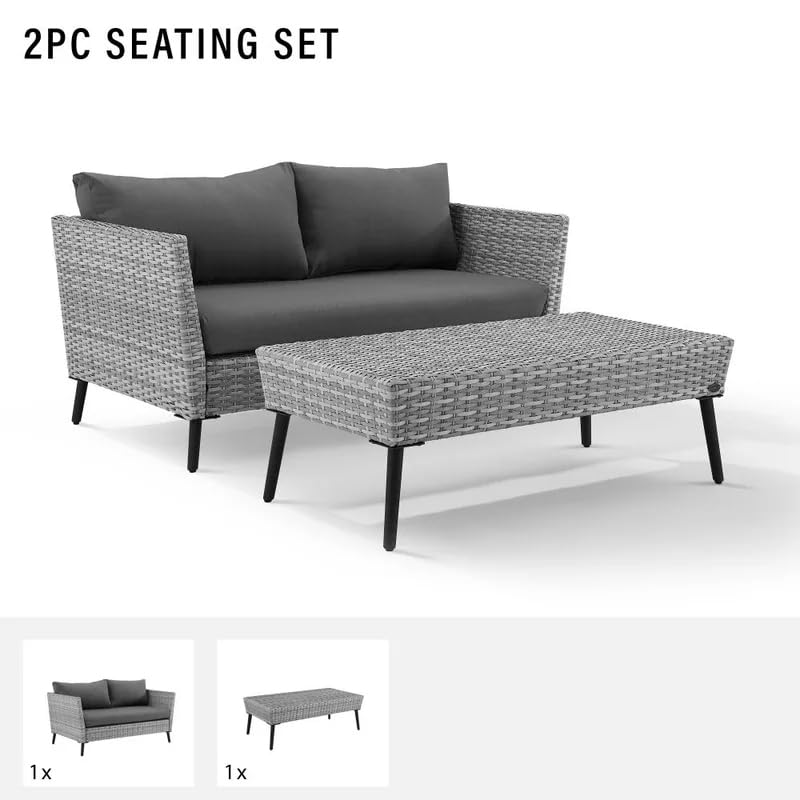 Crosley Richland 2-Piece Wicker Patio Set - Gray Outdoor Coffee Table & Loveseat for Porch, Garden, or Backyard Relaxation | Weather-Resistant Wicker Furniture