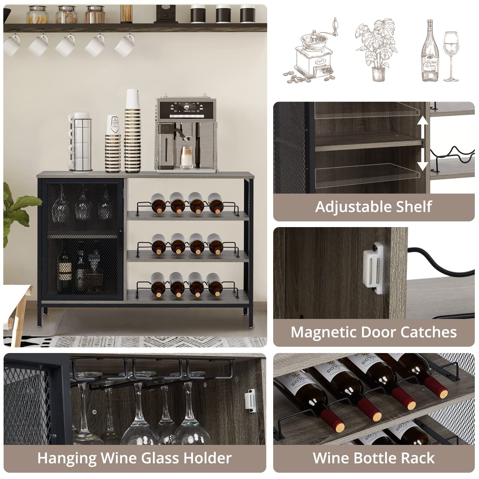 Modern Grey Bar Cabinet for Home - Wine & Liquor Storage with Removable Wine Rack, Glass Holder & Coffee Bar - Space-Saving Corner Cabinet for Living Room, Dining Room or Home Office