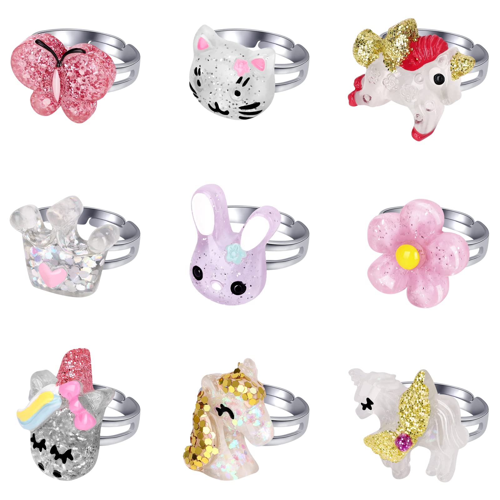 Adjustable Little Girl Jewelry Rings Set - Unicorn & Butterfly Design, Perfect Birthday Gift for 3-10 Year Old Girls - Play Jewelry for Kids, Parties & Dress-Up