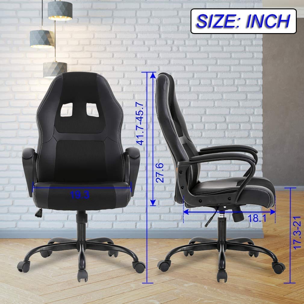 Ergonomic Gaming Chair with PU Leather - Heavy Duty Racing Style Office Chair for PC & Video Gaming, Home & Office Use - Black - Perfect for Long Gaming Sessions & Work Comfort