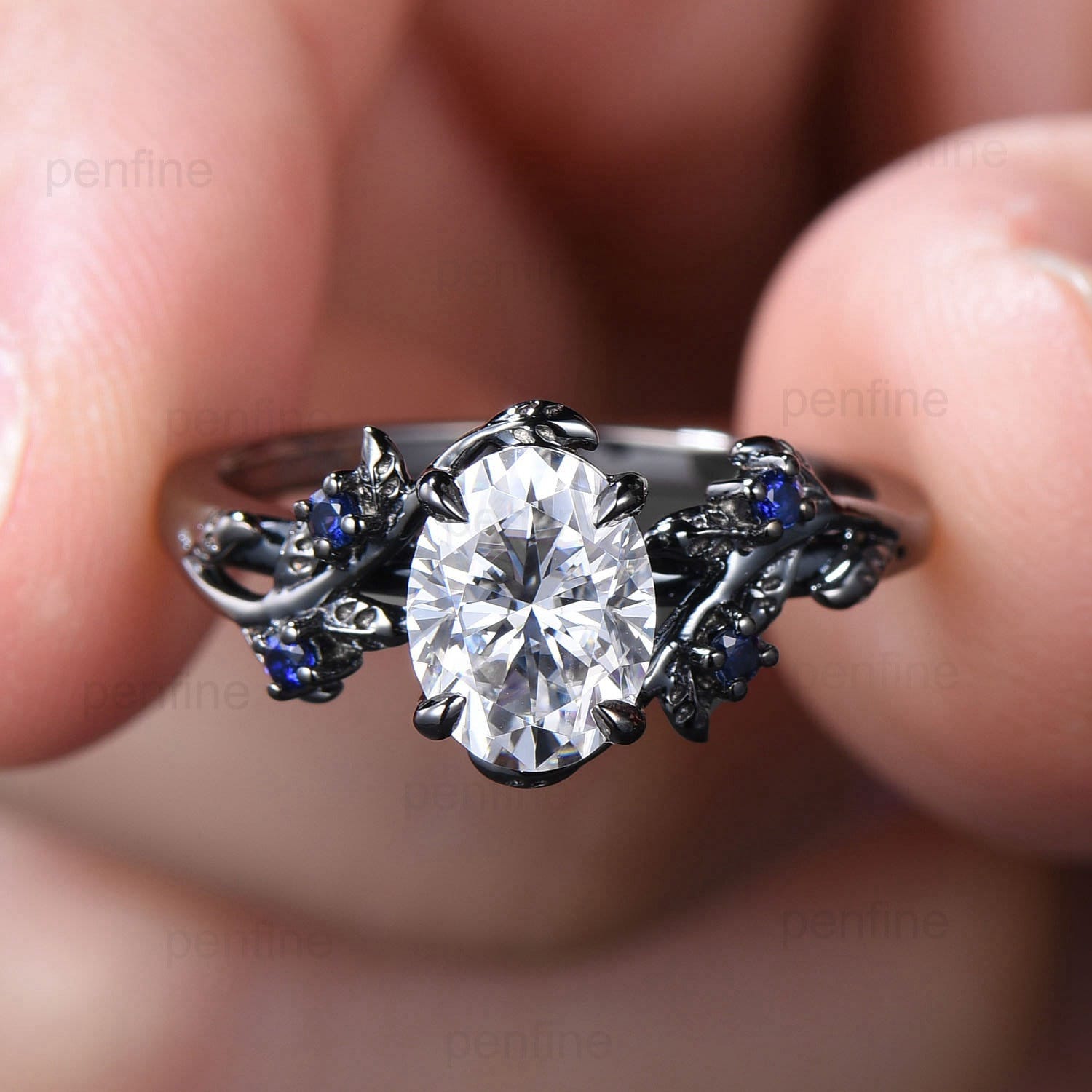 Nature Inspired Leaf Branch Oval Moissanite Engagement Ring - Black Gold Wedding Band, Unique Twig Vine Promise Ring for Women | Perfect for Proposals, Anniversaries & Romantic Occasions