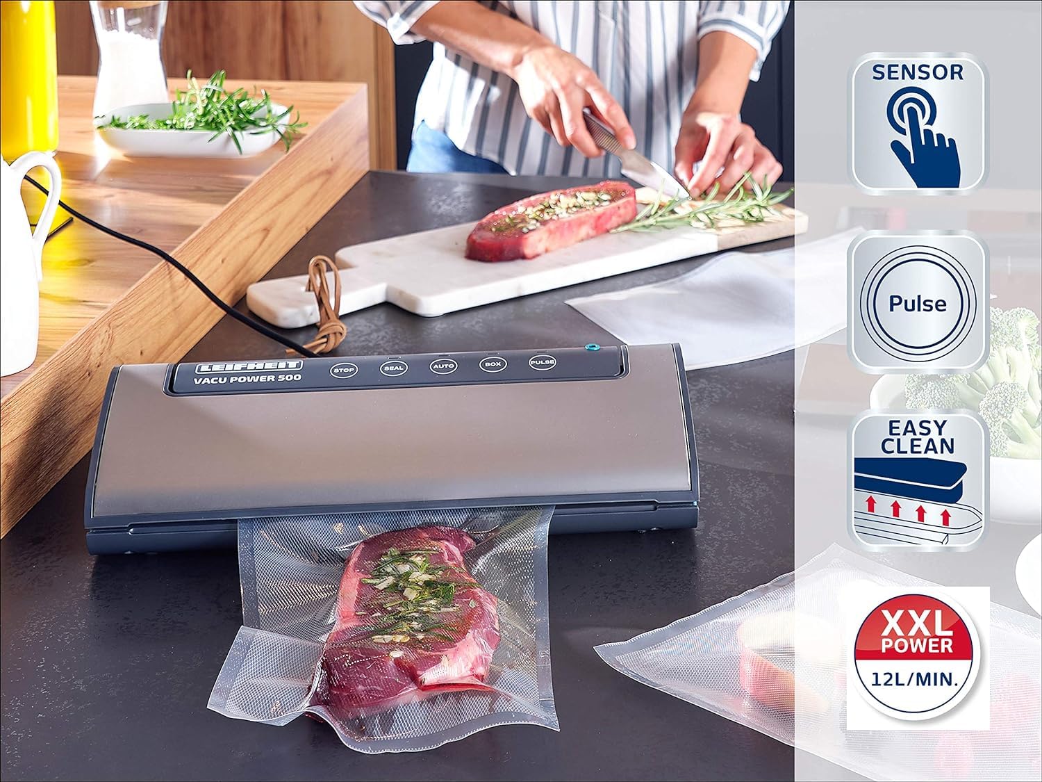 Leifheit Vacu Power 500 Food Vacuum Sealer Machine with 10 Vacuum Bags (20x30cm) - Perfect for Meal Prep, Sous Vide Cooking & Food Storage