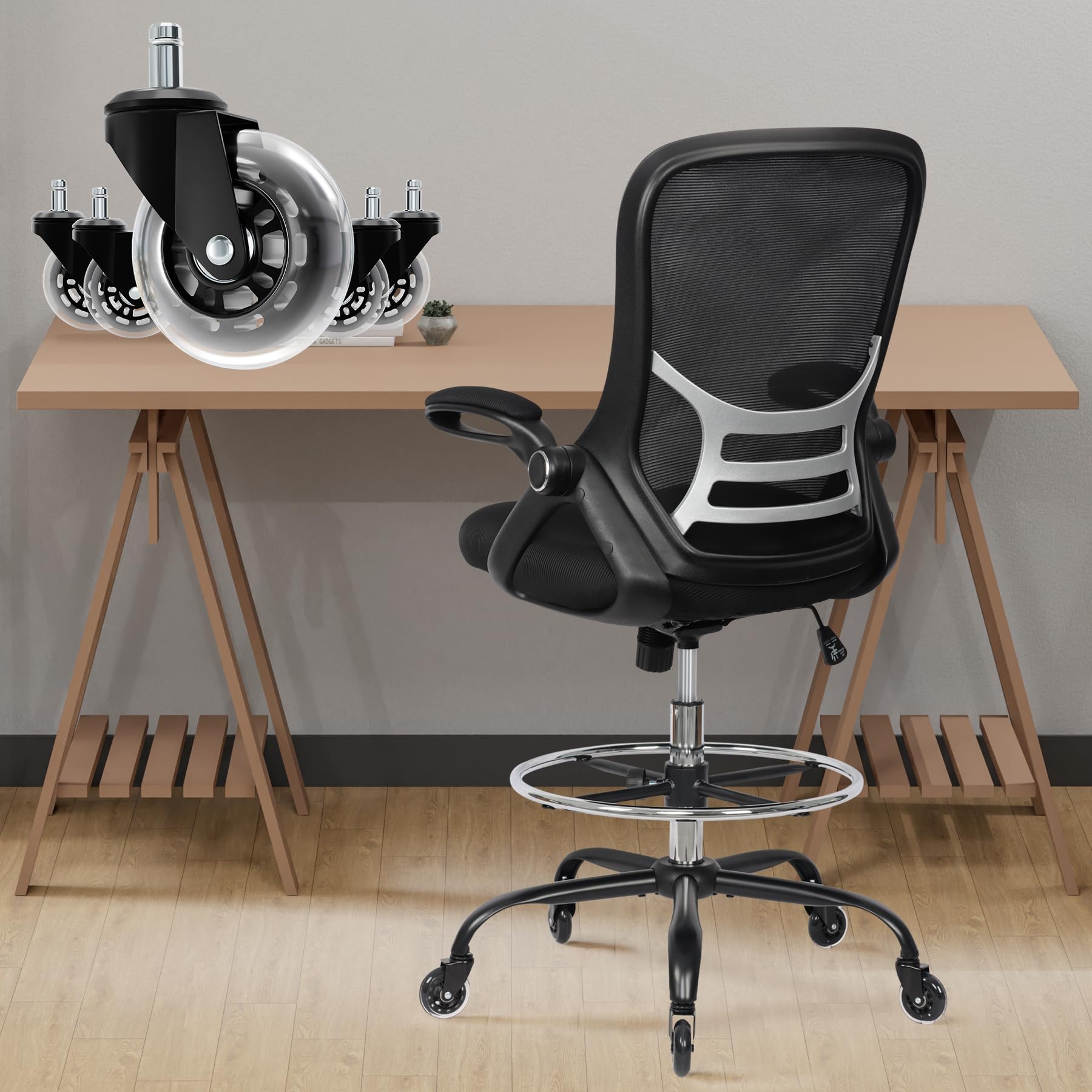 Ergonomic Adjustable Drafting Chair with Lumbar Support & Footrest - Heavy Duty Tall Office Stool for Artists, Standing Desk & Home Office Use - Perfect for Drawing, Drafting & Long Work Sessions