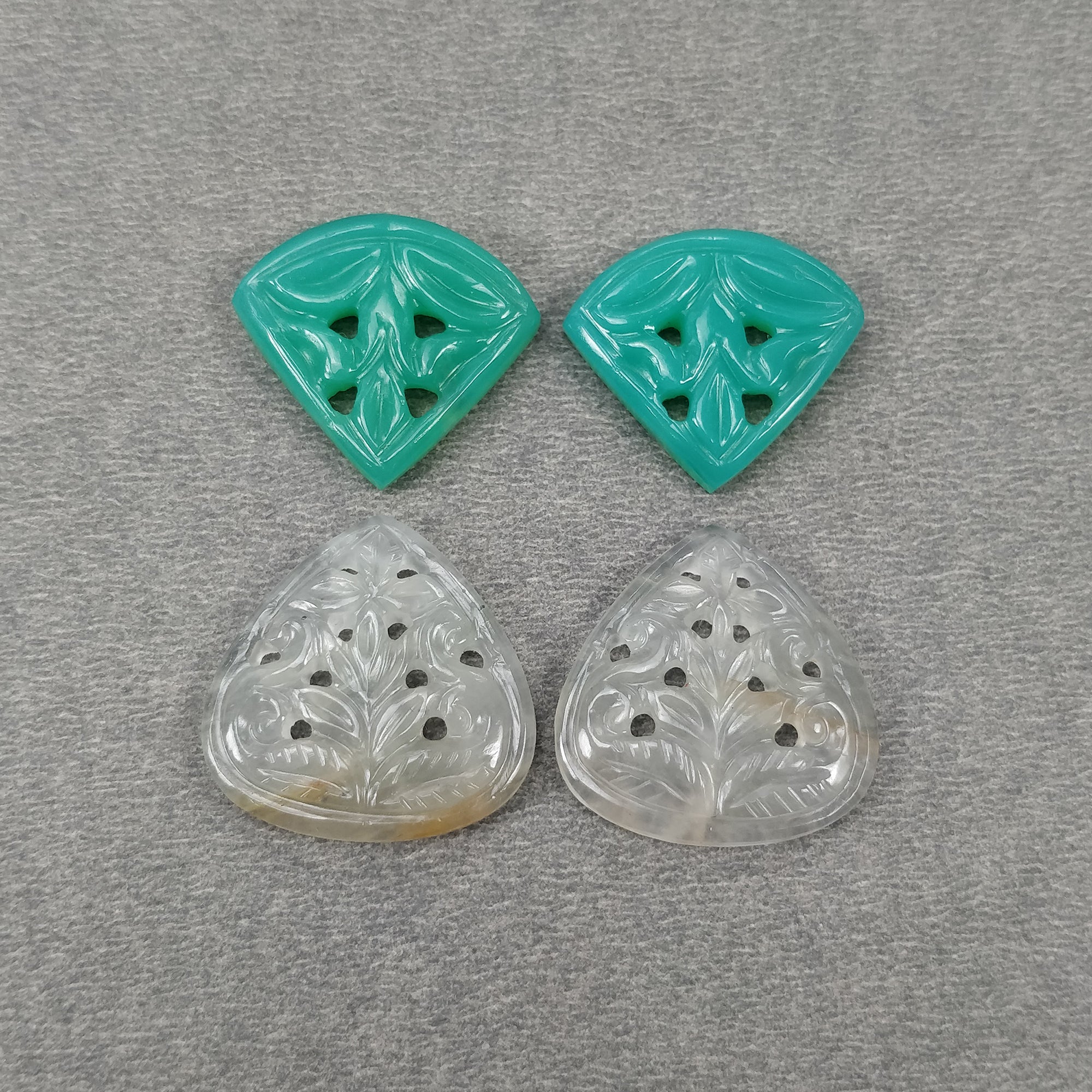 Natural Untreated Green White Chrysoprase & Jade Gemstone Carving - 47.65cts Hand Carved Triangle Heart Shape (18*20.5mm & 19*21mm, 4pcs Set) - Perfect for Jewelry Making, Crystal Healing & Spiritual Gifts