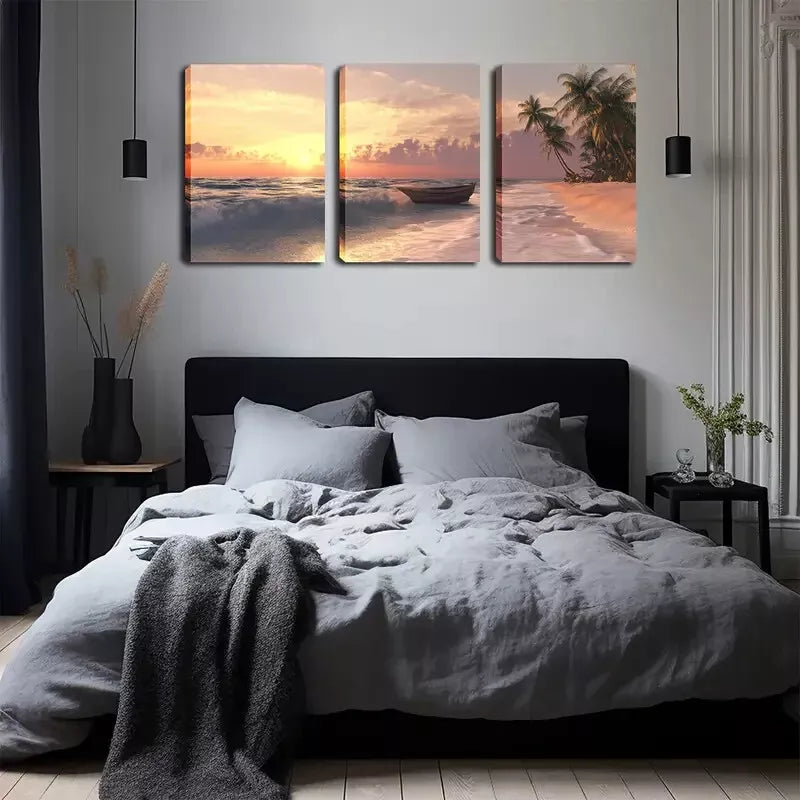 3-Piece Tropical Seascape Wall Art Set - Palm Trees & Rowboat Canvas Prints (40x60cm) | High Quality Framed Decor | Australian Made | Perfect for Beach House, Living Room & Office Decor