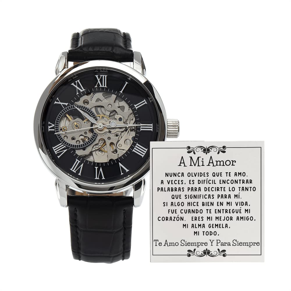 Automatic Skeleton Watch for Men - Romantic 'A Mi Amor' Spanish Gift for Him - Perfect Father's Day Present - Stylish Mechanical Watch for Daily Wear & Special Occasions