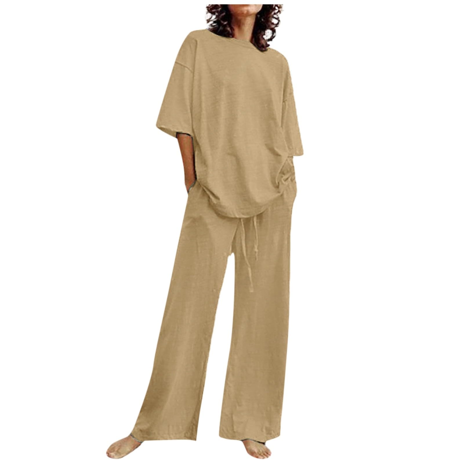Trendy Women's Two Piece Outfits 2024 - Summer Vacation Beach Lounge Set with Short Sleeve Blouse & Wide Leg Pants | Casual Wear, Poolside Relaxation, Weekend Getaways