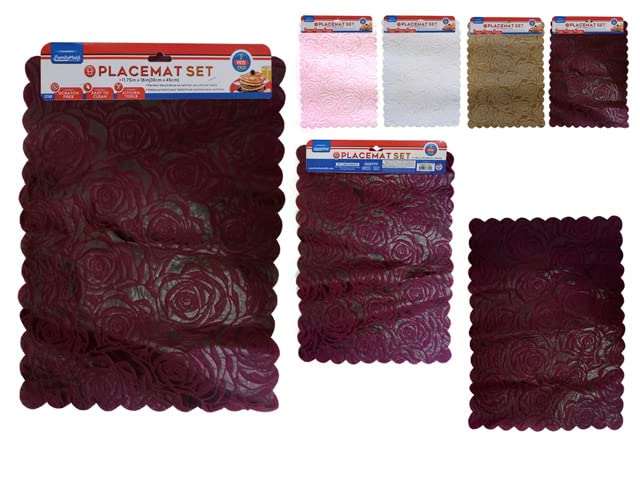 Family Maid 37249 Rose Placemats Set - 11.75 x 18 Inches, White Beige & Pink Floral Design - Perfect for Dining Table Decor, Kitchen, Party, and Home Decor
