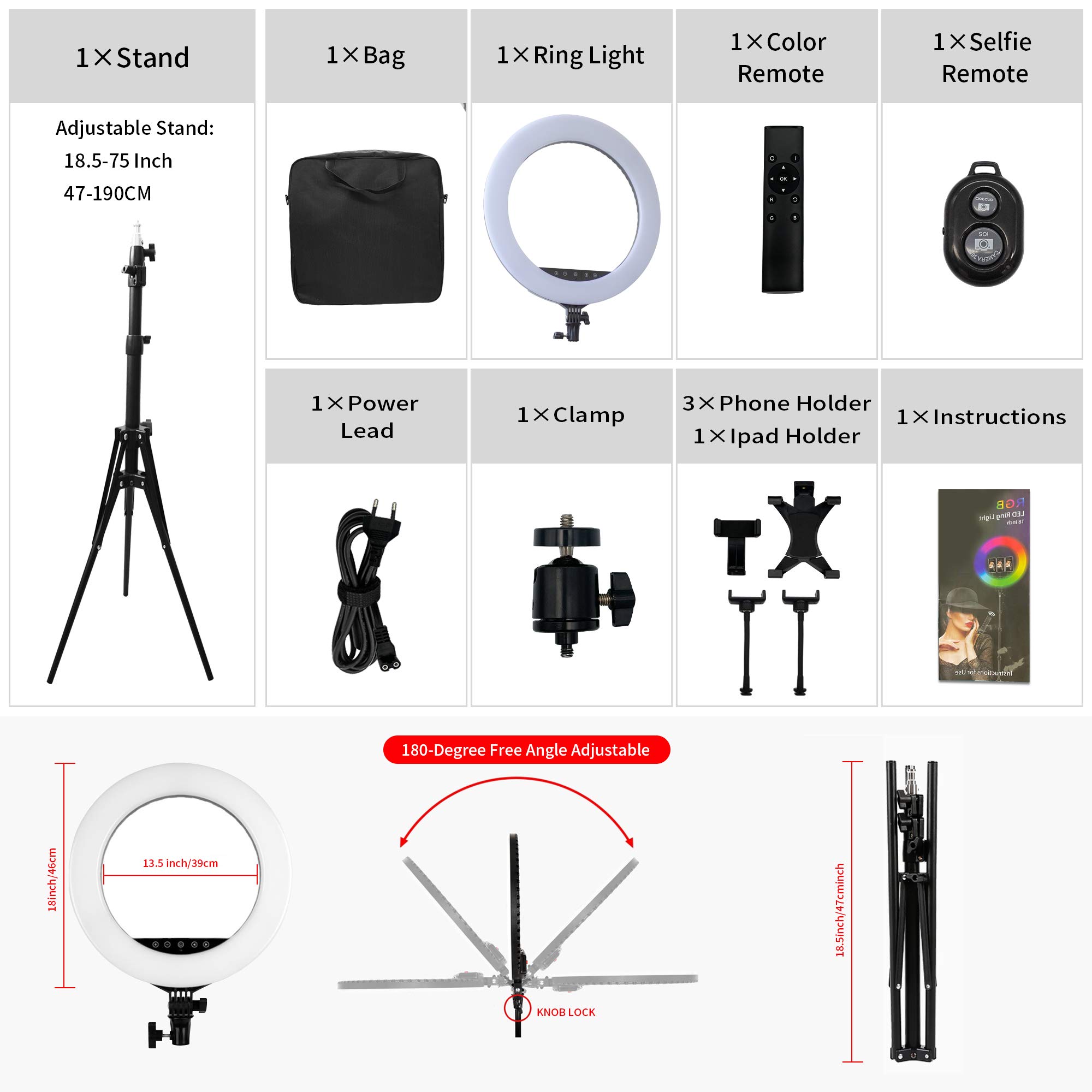 18 Inch Dimmable RGB LED Ring Light Kit - 3000K-6500K Color Temperature, 10 Brightness Levels up to 5000 Lux with Stand, Phone & Camera Holder & Wireless Remote - Perfect for Live Streaming, Makeup, YouTube Videos, TikTok Content Creation and Photography