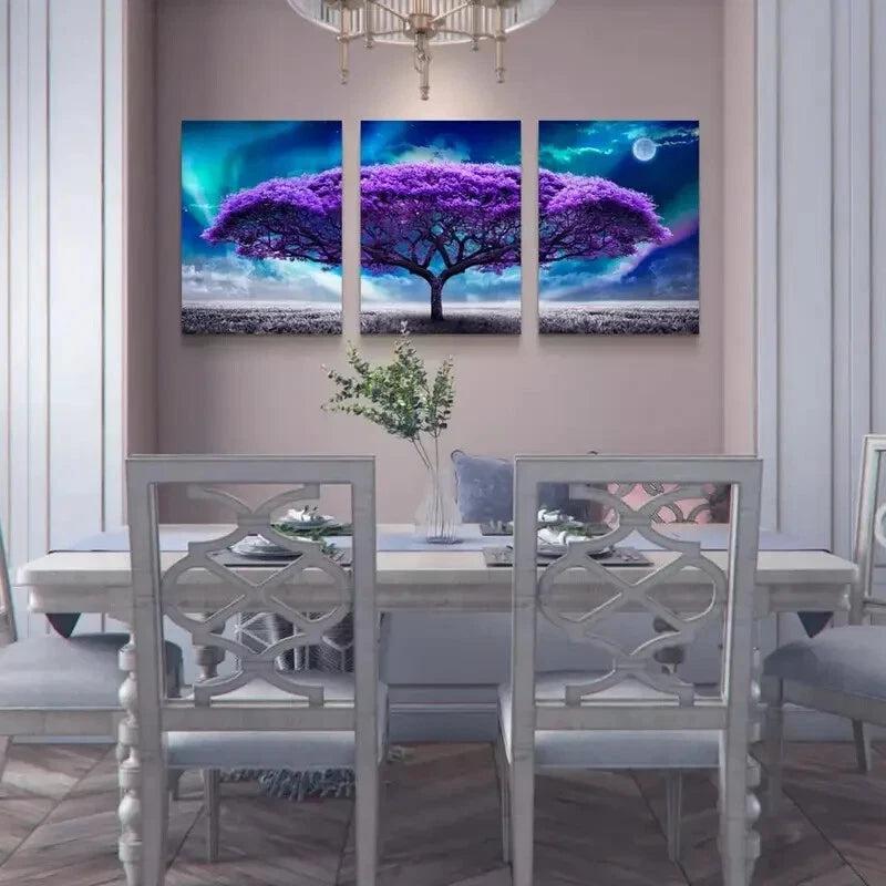 3-Piece Aurora Purple Tree Scenery Metal Wall Art - Ready to Hang Landscape Prints for Living Room, Bedroom & Office Decor