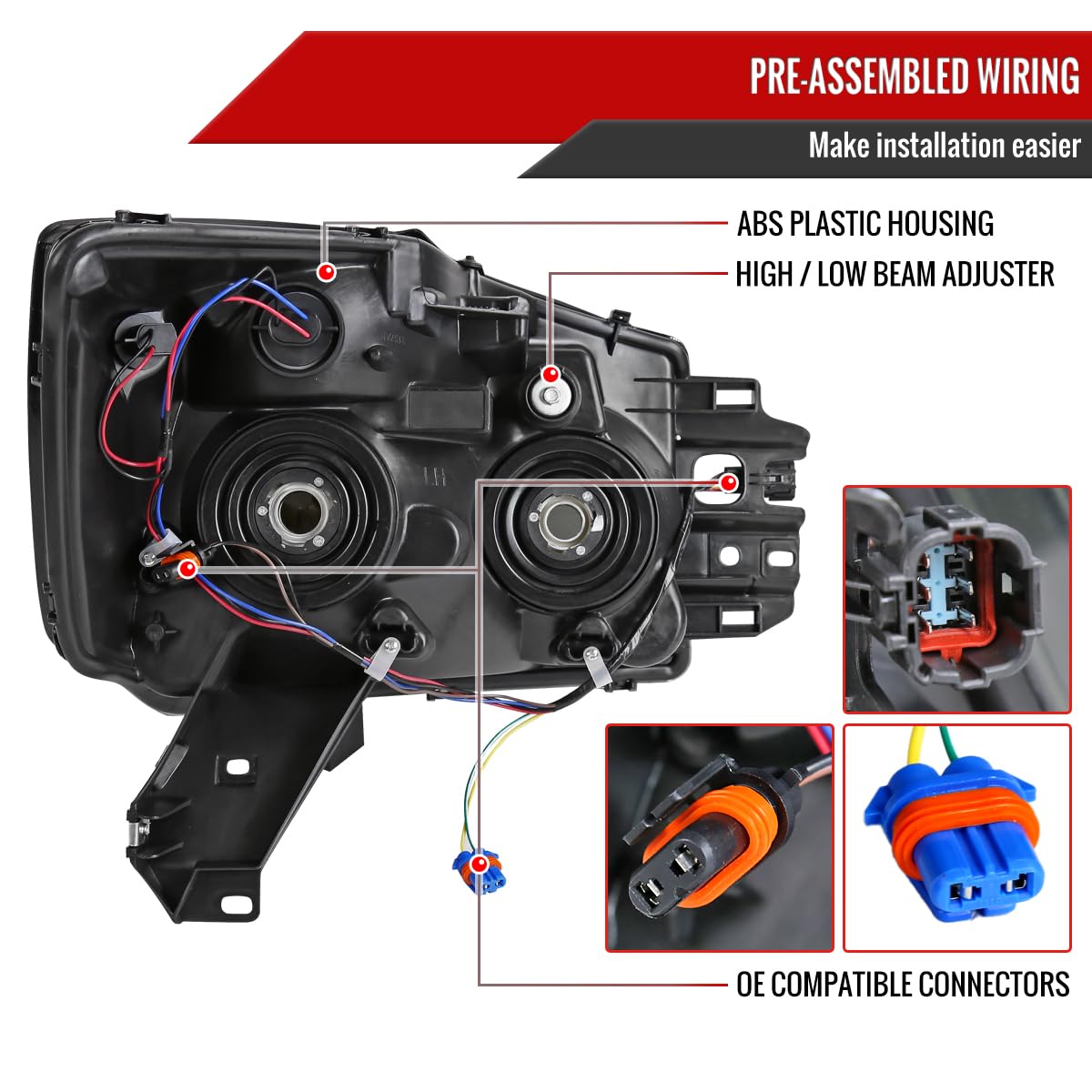 04-15 Nissan Titan & 04-07 Nissan Armada Black Headlights Pair - Durable LED Replacement Lamps for Off-Road & Night Driving