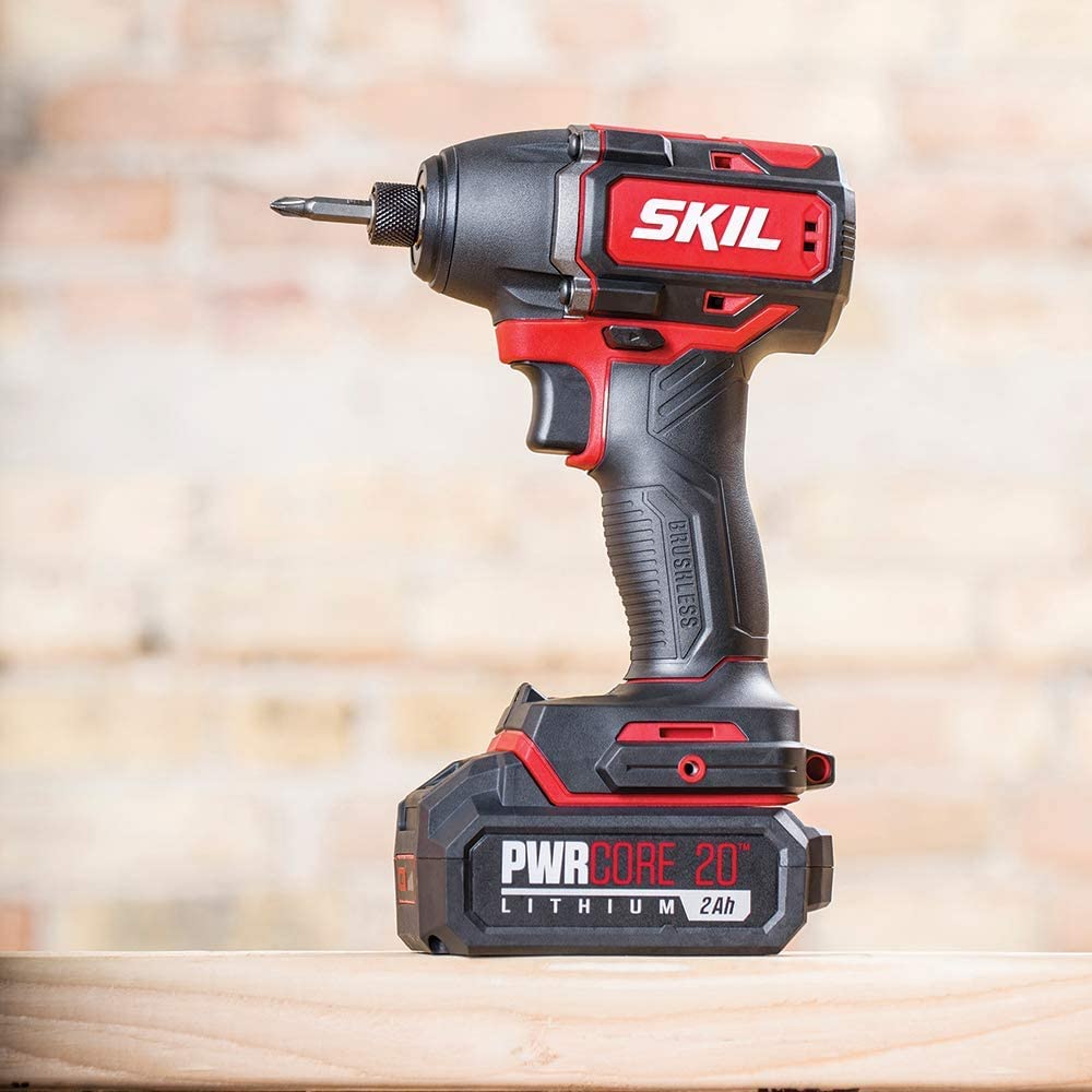 SKIL PWR CORE 20 Brushless 20V Cordless Drill Driver & Impact Driver Combo Kit with 2.0Ah Lithium Battery & PWR JUMP Charger (CB743701, Red) - Perfect for DIY Projects, Home Repairs & Professional Construction Work