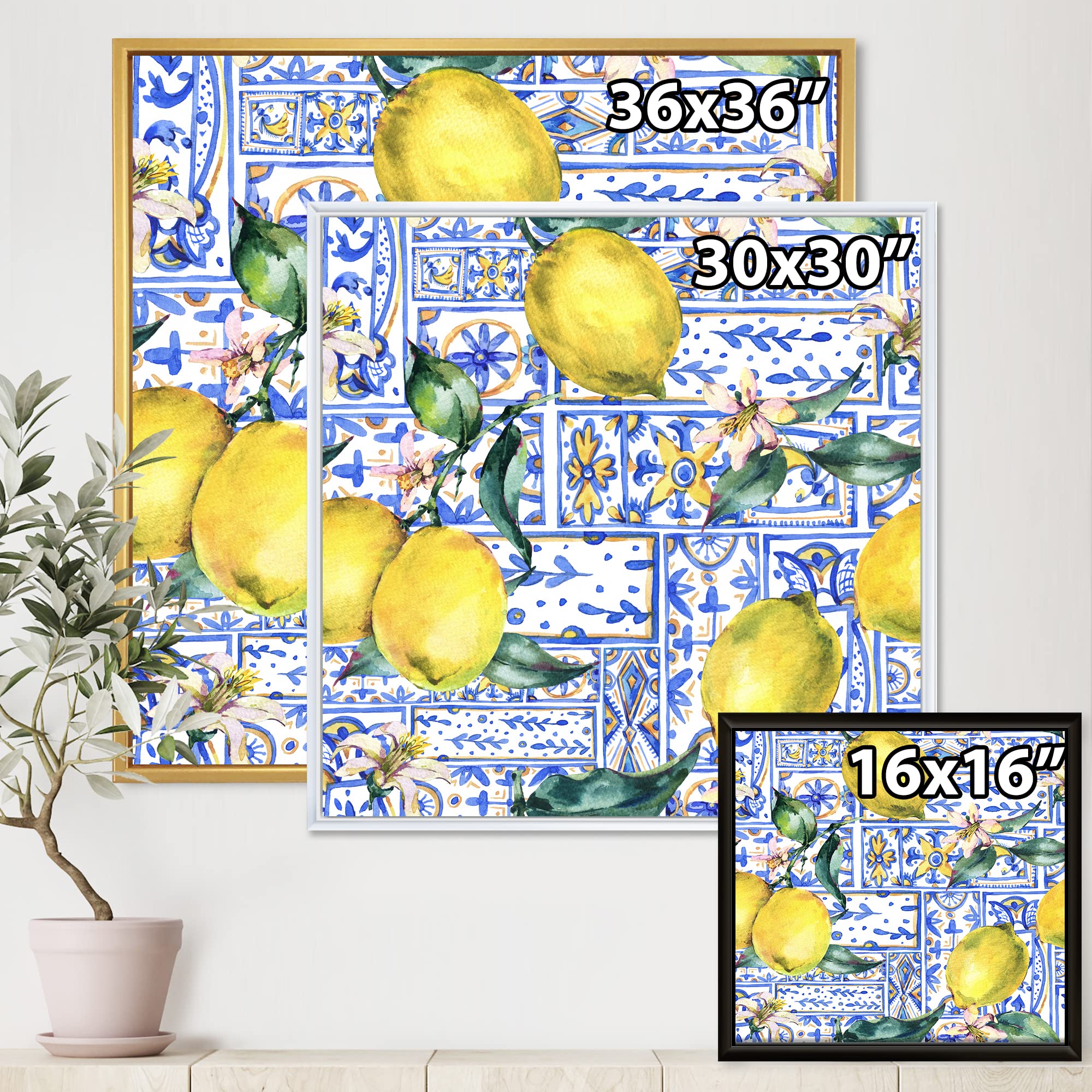 DesignQ Lemon Ornament on Blue Geometric Pattern I - Tropical Framed Canvas Wall Art Print for Home & Office Decor | Modern Kitchen & Living Room Wall Decor