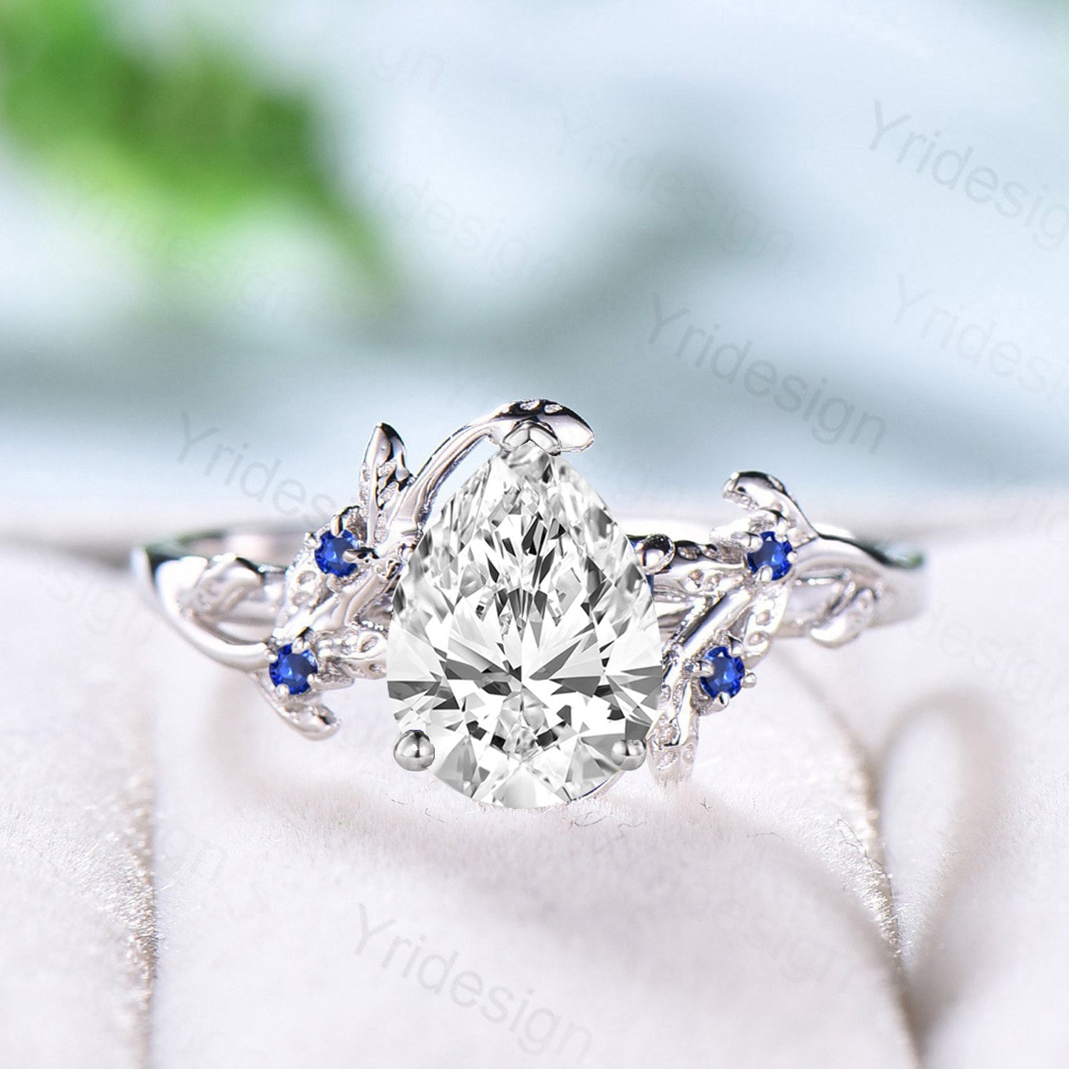 IGI Certified Lab Grown Diamond Engagement Ring - Nature Inspired Oval Cut with Blue Sapphire Accents, Handmade Leaf Design Wedding Ring for Brides, Anniversary & Proposal Gifts | Perfect for Eco-Conscious Couples & Outdoor Weddings