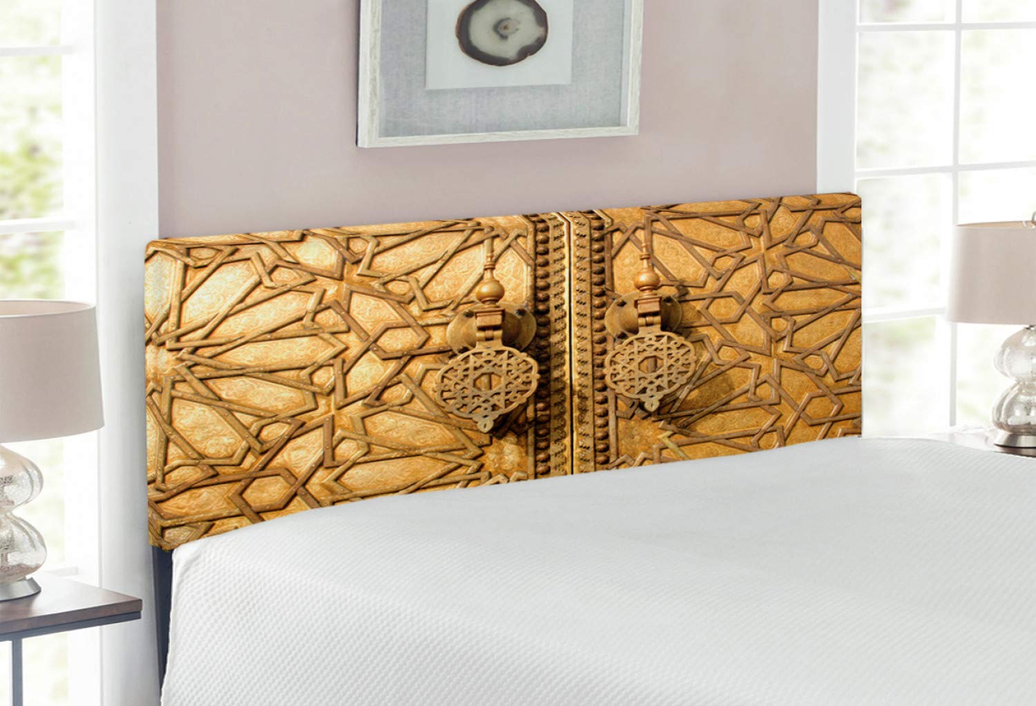 Ambesonne Moroccan Headboard - Upholstered Decorative Metal Bed Headboard with Memory Foam, Full Size Pale Brown | Royal Palace of Marrakesh Travel Inspired Design | Perfect for Bedroom Decor & Boho Chic Home Styling