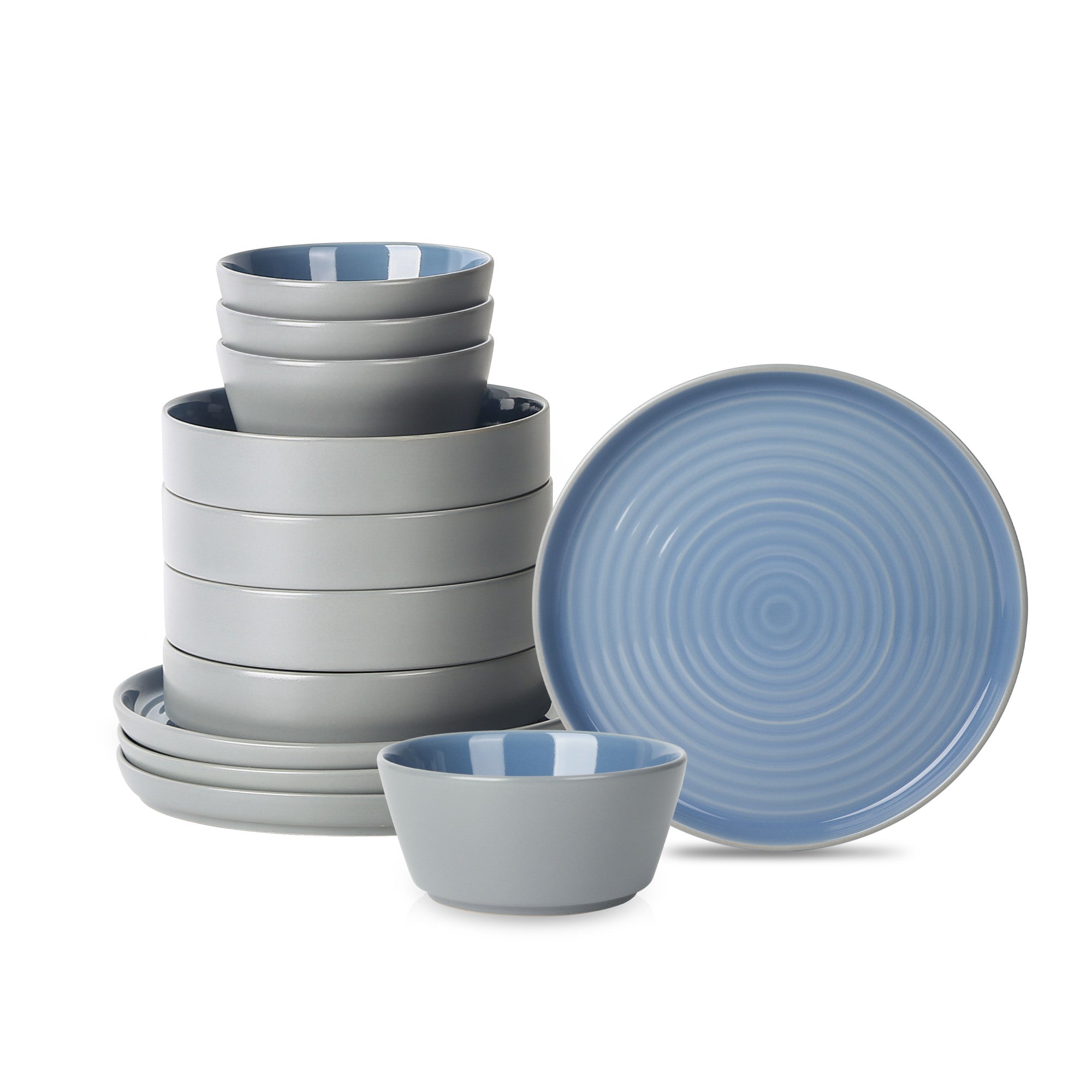 Elica Stoneware Dinnerware Set - 16-Piece Blue and Grey Ceramic Plates, Bowls & Mugs - Durable Stoneware Dinnerware for Everyday Use, Family Meals & Entertaining Guests