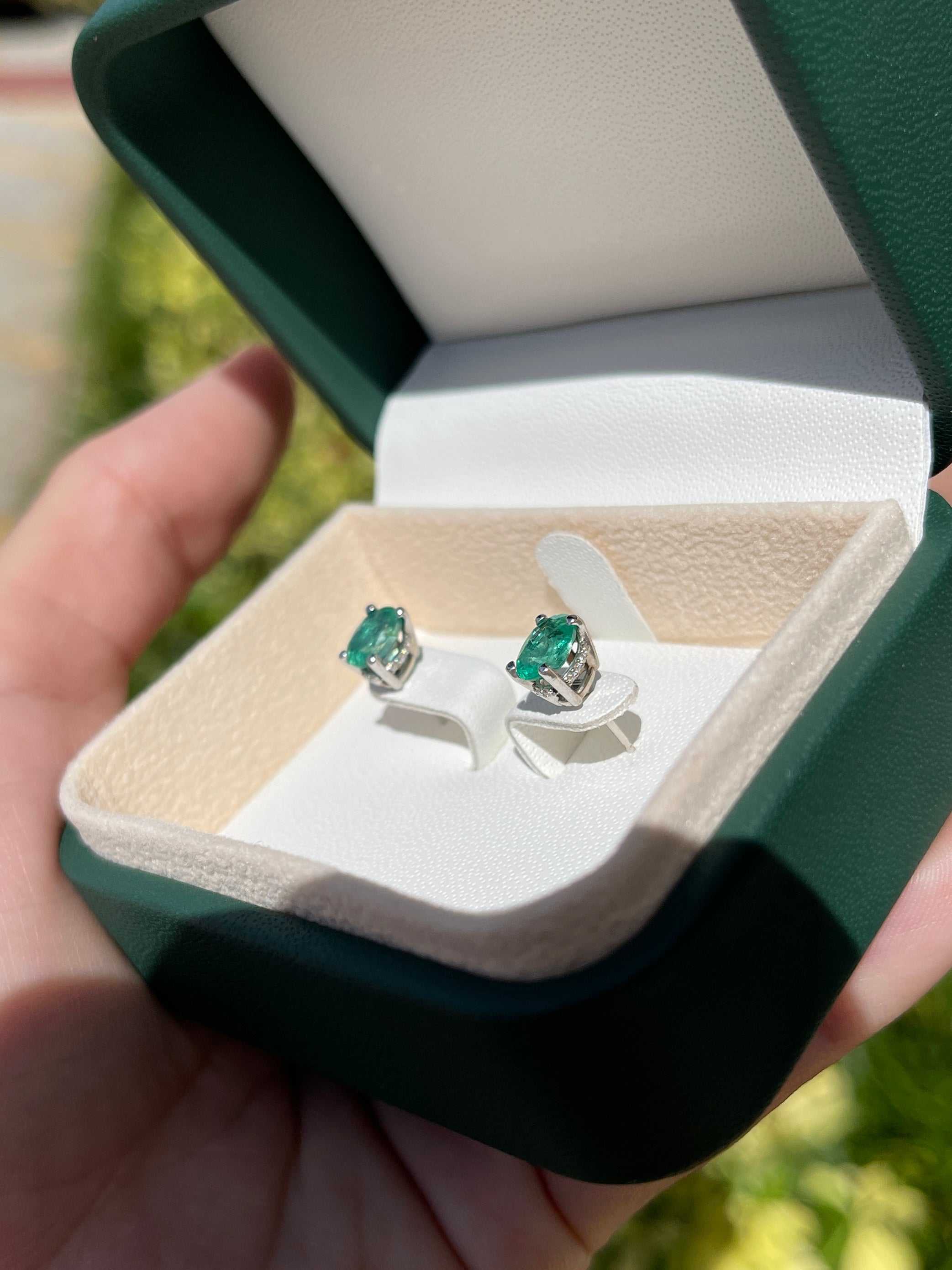 1.95tcw Natural Oval Emerald & Diamond Hidden Halo Stud Earrings in 14K Gold - Elegant Jewelry for Women, Perfect for Weddings, Parties & Special Occasions