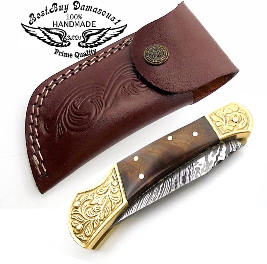Handmade Damascus Steel Pocket Knife with Rosewood Handle & Brass Bolster - 7.5