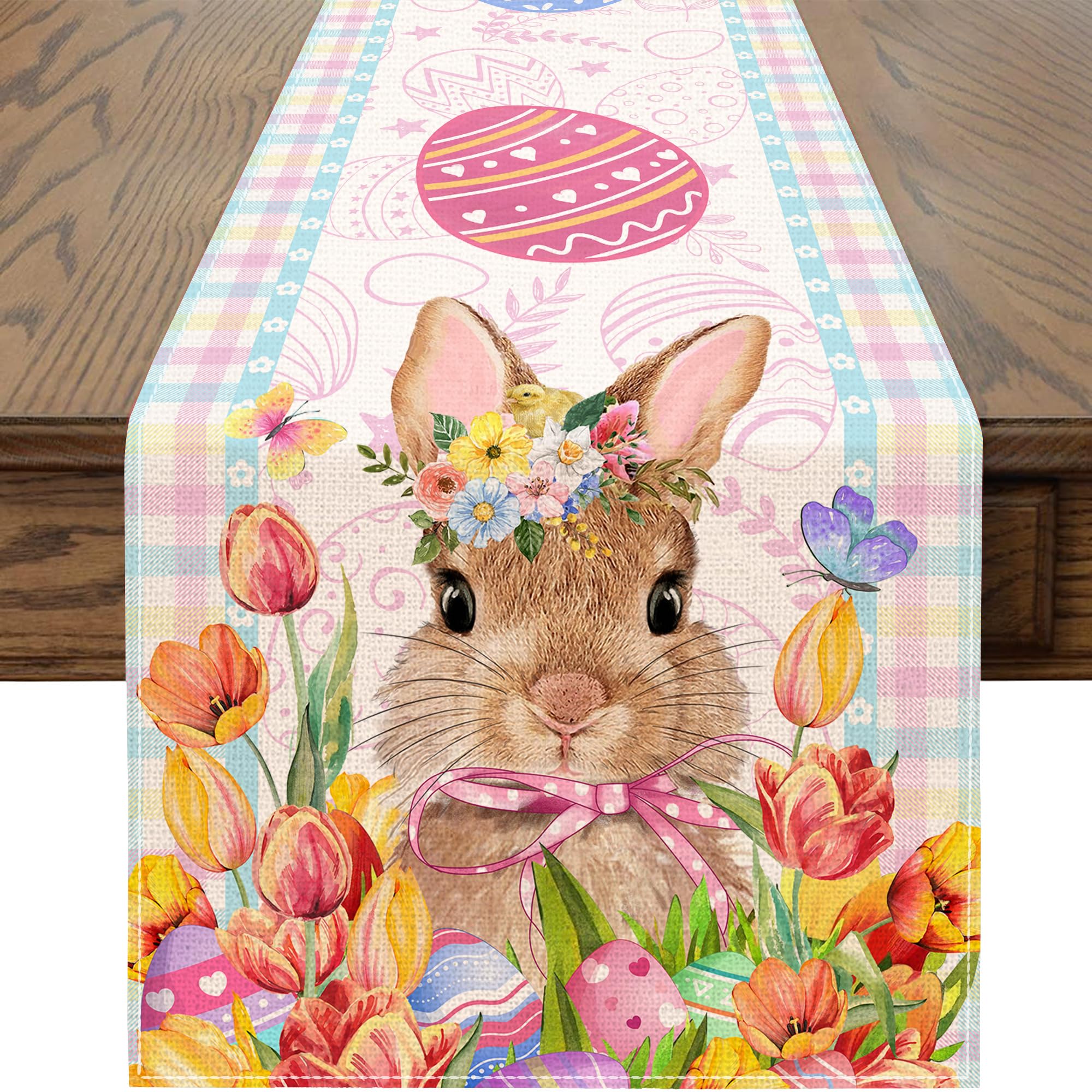 108 Inch Easter Table Runner with Bunny & Eggs Design - Buffalo Plaid Checkered Kitchen Dining Table Decor for Home, Party & Holiday Celebrations | Perfect for Easter Brunch, Spring Gatherings & Festive Dining