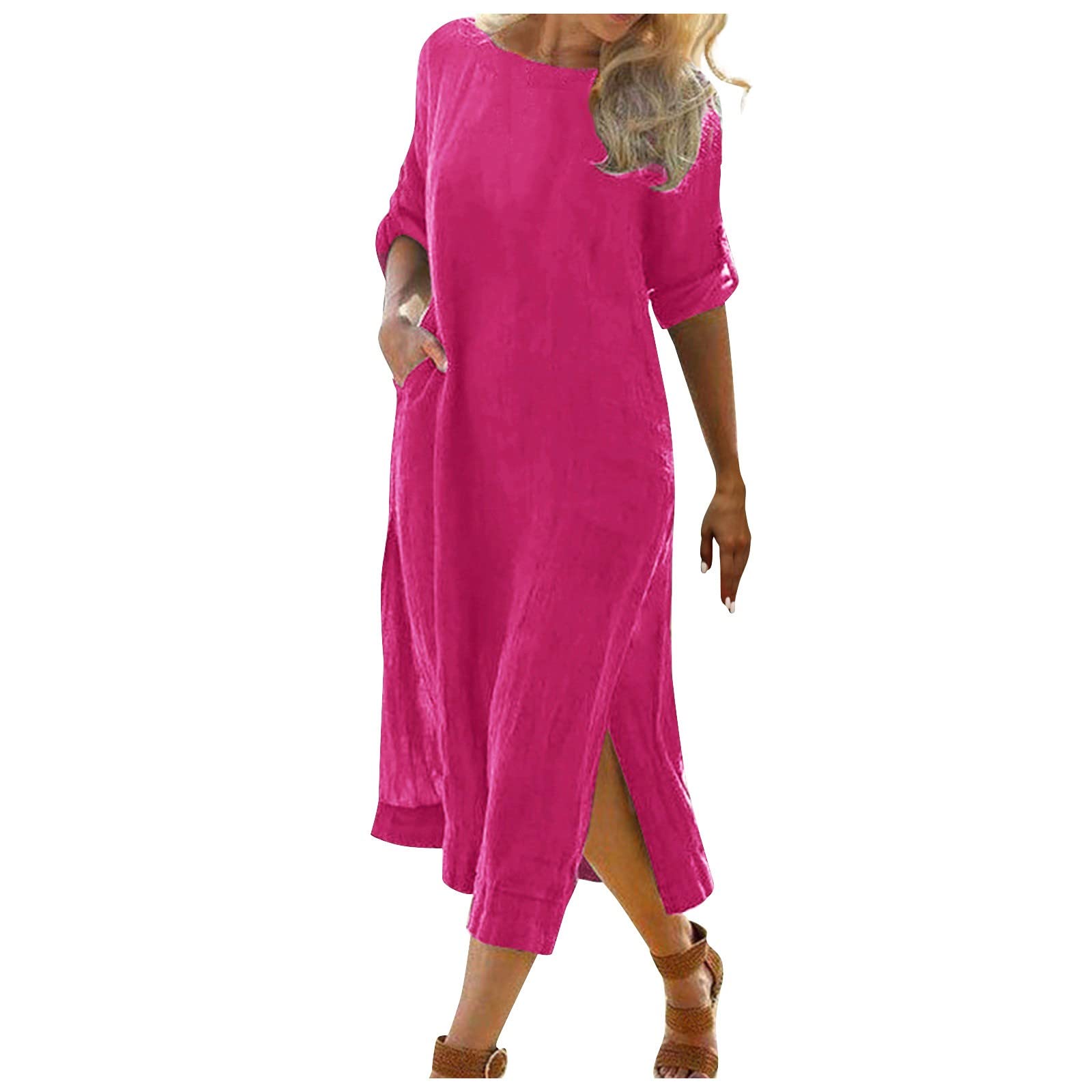 Elegant Scoop Neck Linen Evening Dress for Women - Perfect Fit Half Sleeve Mother's Day Gown | Ideal for Weddings, Parties & Special Occasions