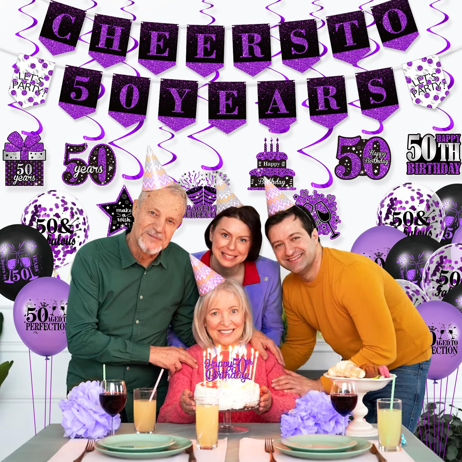 Purple & Black 50th Birthday Party Decorations Set - Hanging Swirls, Balloons, Banner & Cake Topper for Women & Men - Perfect for 50 Years Celebration, Milestone Birthday Party Supplies & Decor