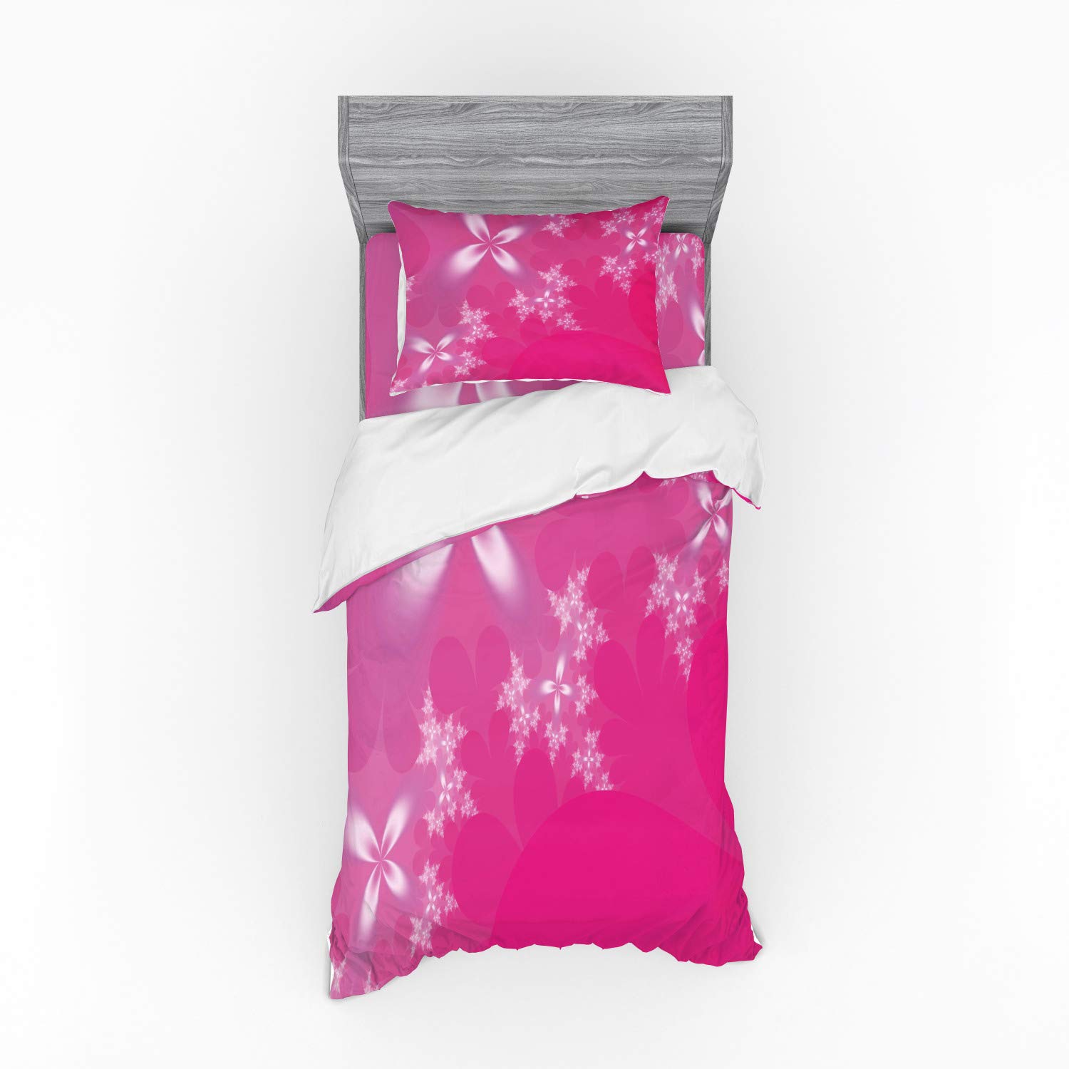 Ambesonne Hot Pink Duvet Cover Set - Vibrant Floral Abstract Design 3-Piece Bedding (Twin Size) | Modern Pink & White Bedroom Decor for Girls, Teens & Guest Rooms