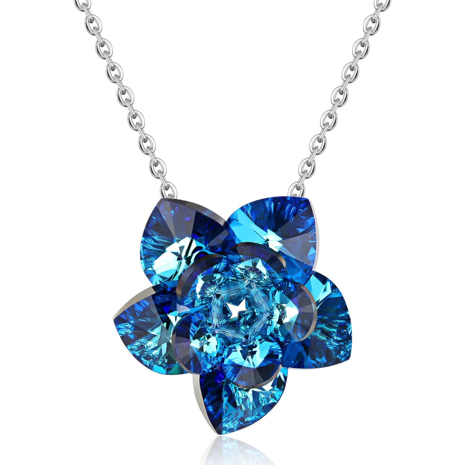 FAFY Lotus Flower Pendant Necklace for Women - Aurora Borealis Iridescent Crystal Jewelry with Blue Rose Swarovski Elements, Elegant Gift for Birthday, Valentine's Day, Anniversary (Perfect for Weddings, Date Nights, and Special Occasions)