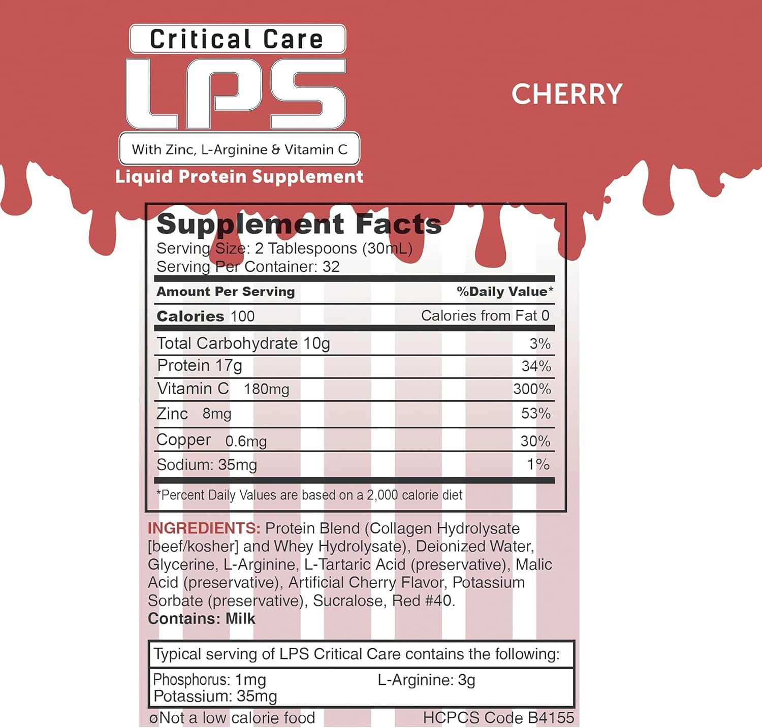 Nutritional Designs LPS Liquid Collagen & Whey Protein Supplement - Sugar-Free, Non-GMO Drink for Healthy Skin & Hair - Supports Joint Health - Cherry Flavor (Critical Care) - Perfect for Post-Workout Recovery & Daily Beauty Routine