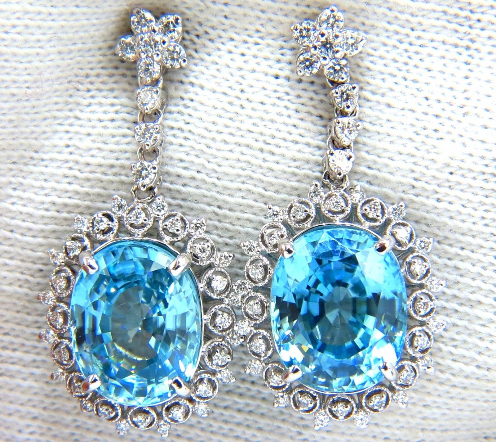 12.46ct Natural Vivid Indigo Blue Zircon Diamond Earrings in 14K Gold - Edwardian Style for Weddings & Evening Events