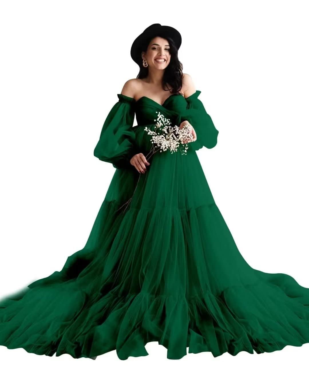Elegant Off Shoulder Tulle Maternity Dress for Baby Shower, Pregnancy Photoshoot & Winter Events - Comfortable Formal Gown for Expecting Mothers